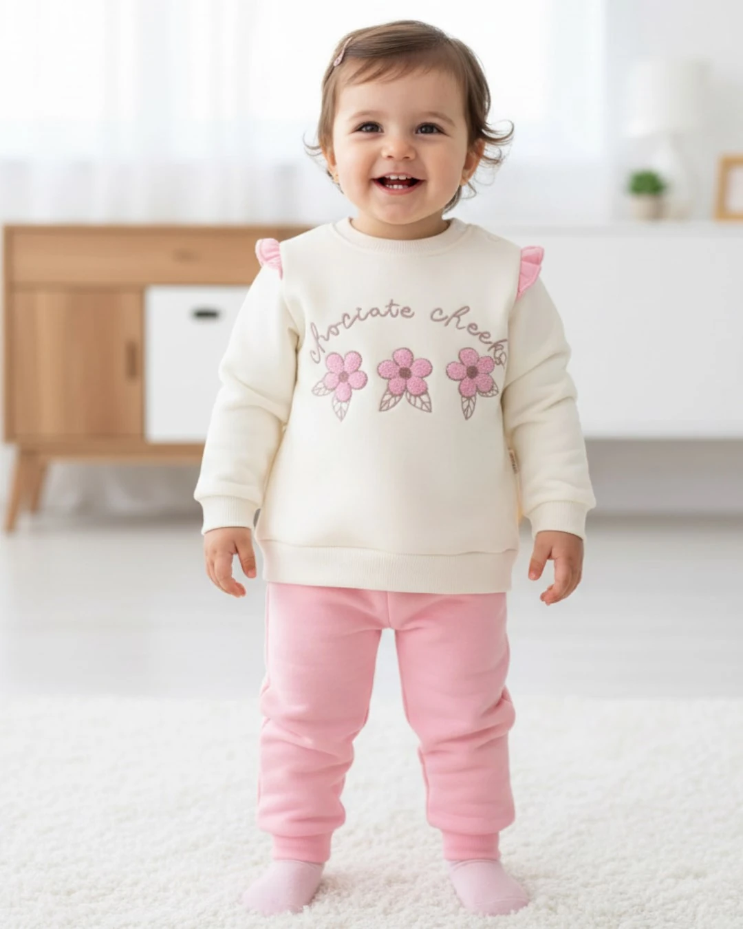 Kız Bebek Papatya Nakışlı, Fırfırlı, 3 İp Şardonlu Kışlık 6-9-12-18-24 Ay Şık Eşofman Takımı R2352 - PEMBE