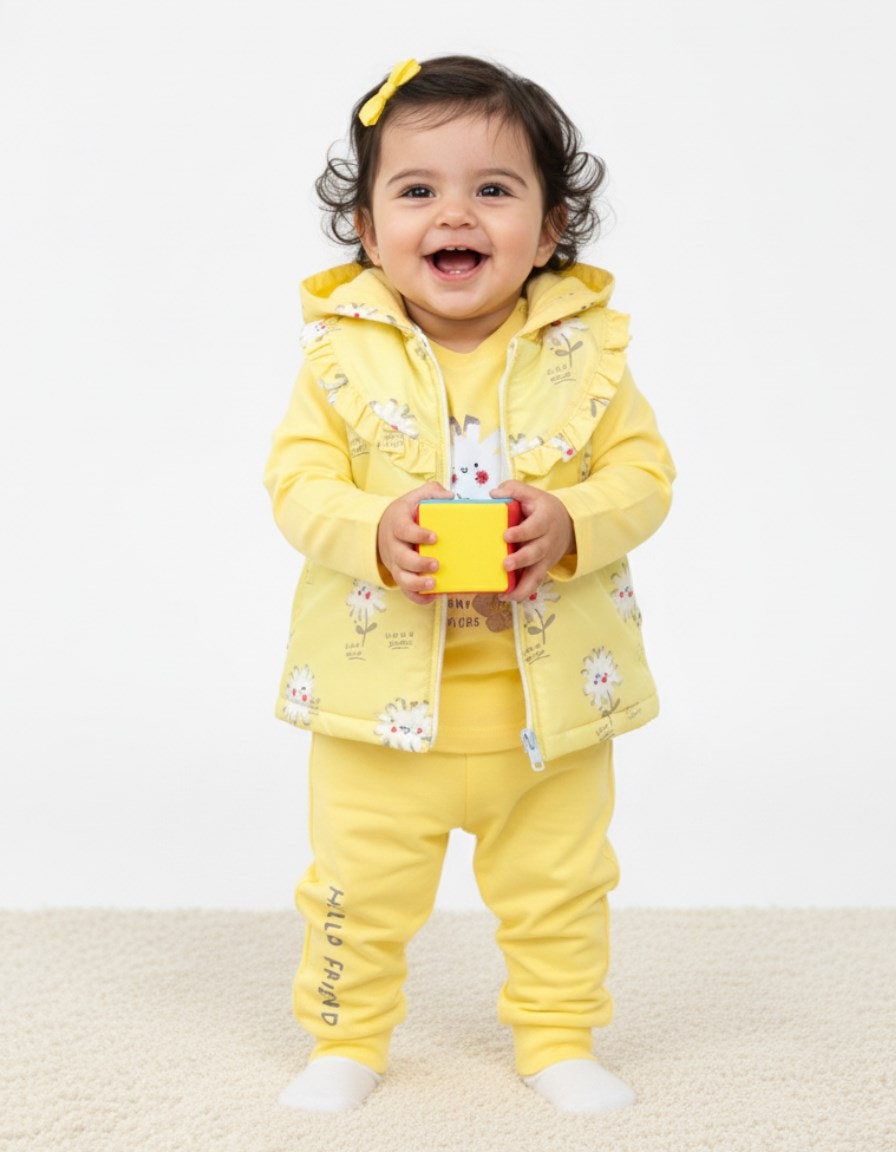 Kız Bebek Mevsimlik Şişme Yelekli, 3 Parça Alt Üst Takım , 6-9-12-18 Ay Yelekli Takım R2312 - SARI