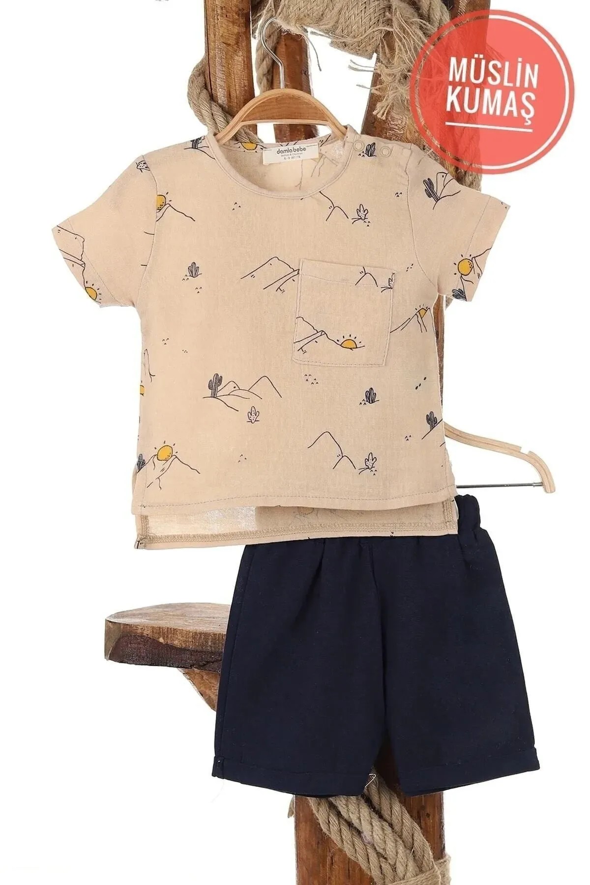 Unisex Bebek Güneş Baskılı %100 Pamuk Müslin Alt Üst Bebek Takımı R503