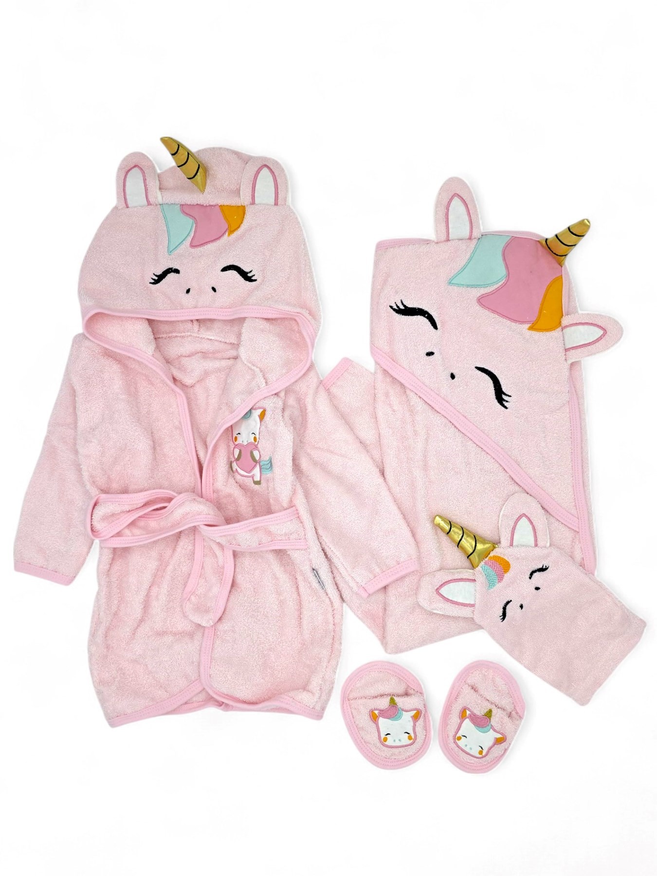 KIZ BEBEK 0-4 YAŞ PEMBE UNICORN DESENLİ HAVLU VE BORNOZ TAKIMI + KESE VE TERLİKLİ BANYO SETİ BN8