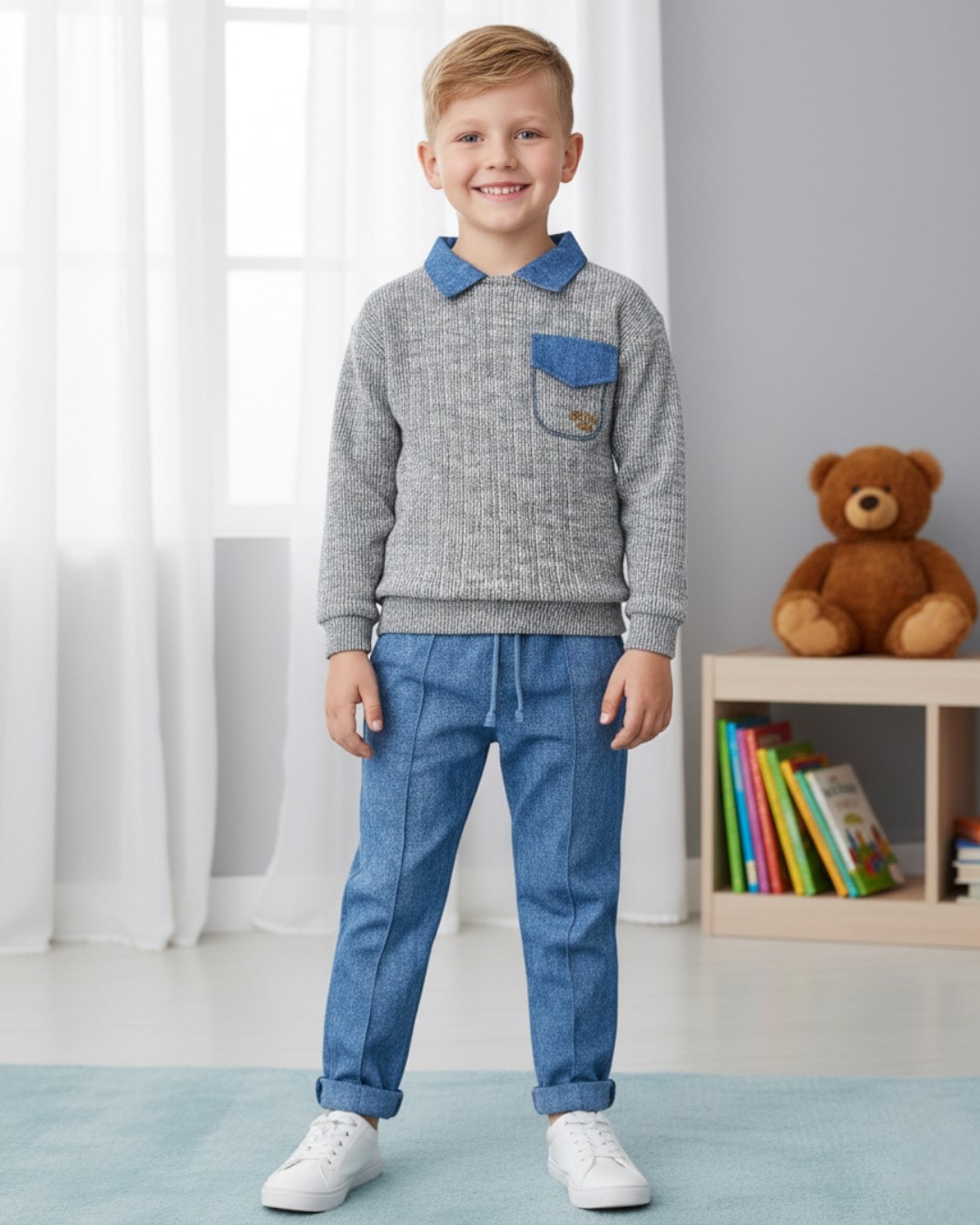 Erkek Çocuk Gömlek Yakalı, Cep Detaylı Sweatshirt ve Pantalonlu Şık 2'li Takım 4-11 Yaş R2264 - MAVİ