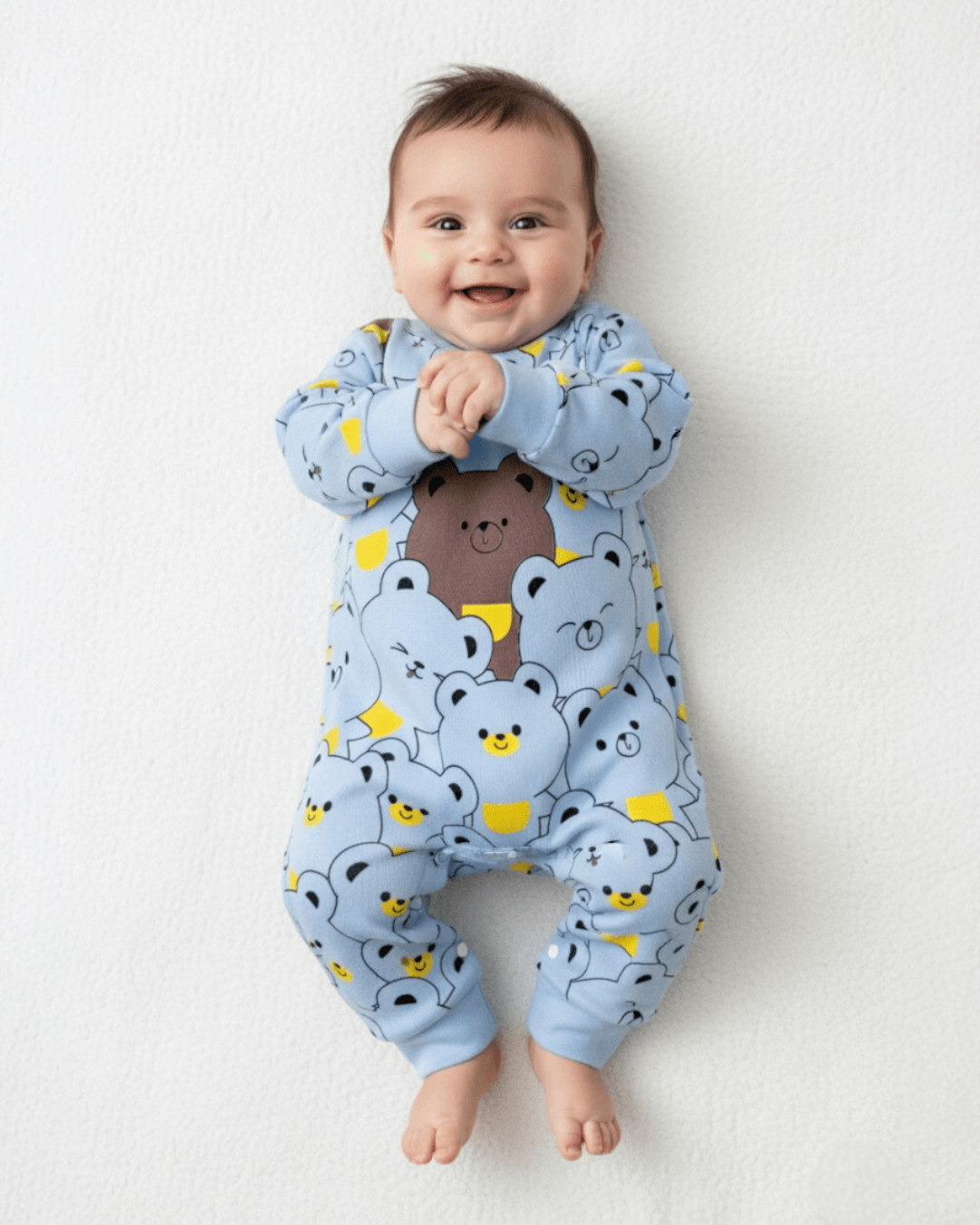 Erkek Bebek Hello Ayılar Baskılı Mevsimlik Yeni Doğan Alttan Çıtçıtlı  0-3-6-9-12 Ay Tulum R1499 - MAVİ