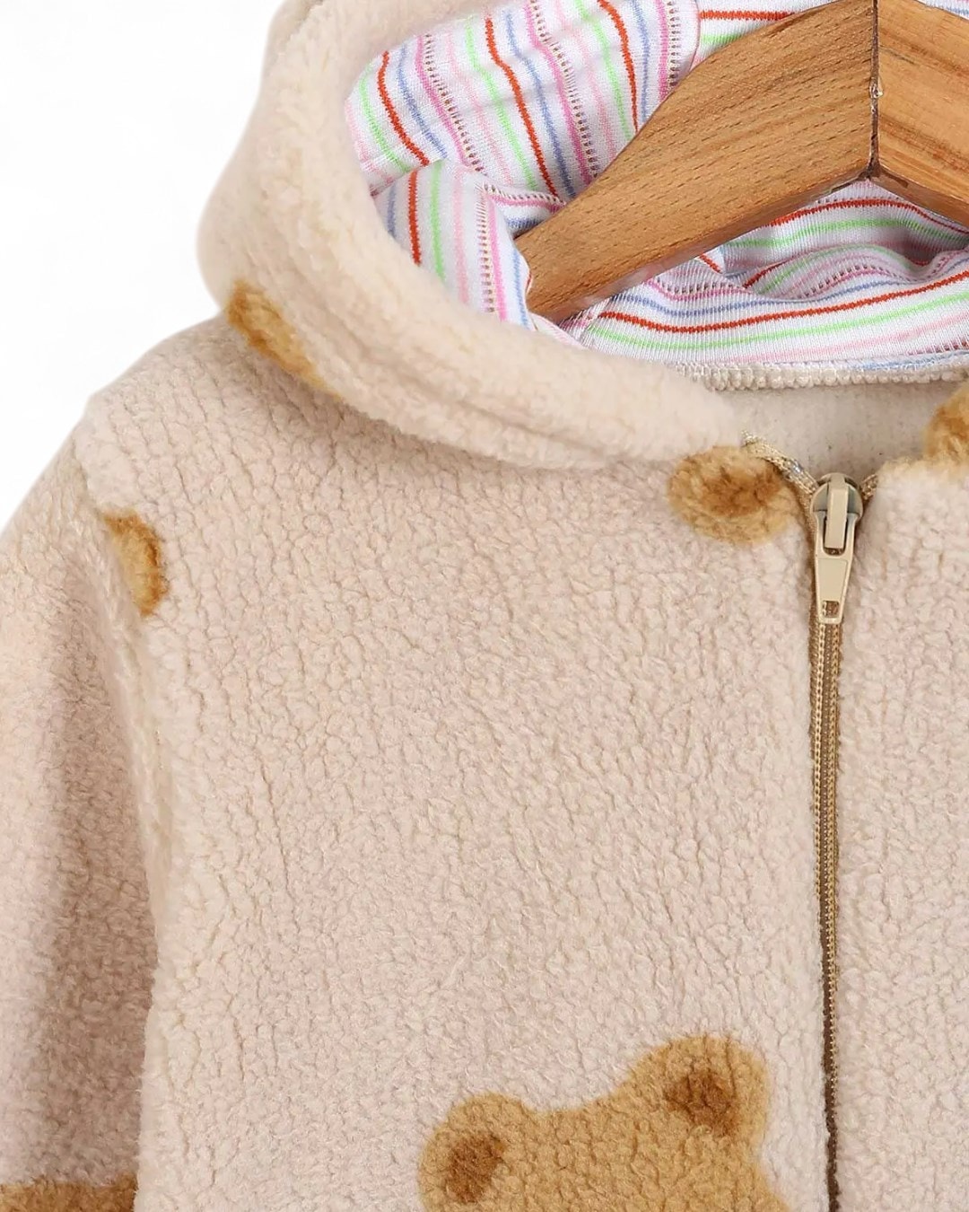 6-9 Aylık Ayıcıklar Baskılı Fermuarlı Kışlık Welsoft Peluş Kapşonlu Tulum , Ayakları Kapalı R2202