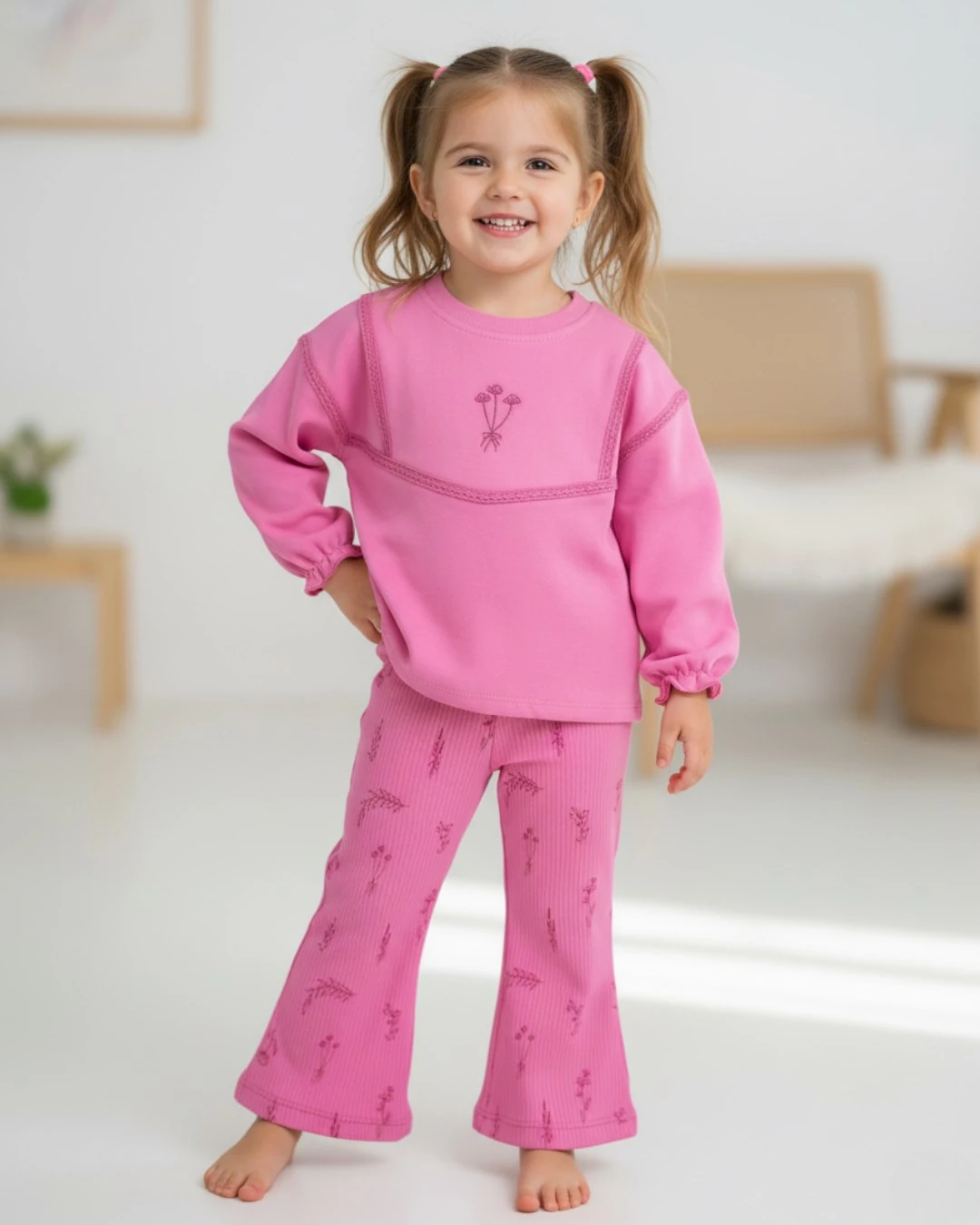 Kız Çocuk Çiçek Nakışlı, Geniş Paça Taytlı, Mevsimlik 2-3-4-5-6 Yaş Şık Kız Takım R2063 - PEMBE