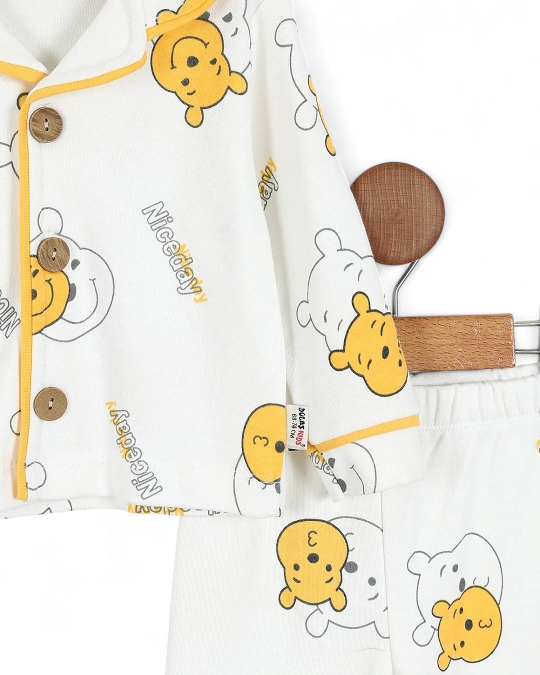 0-6 Yaş Pooh Baskılı, Kruvaze Yakalı Mevsimlik Düğmeli Gecelik Pijjama Takımı R2182
