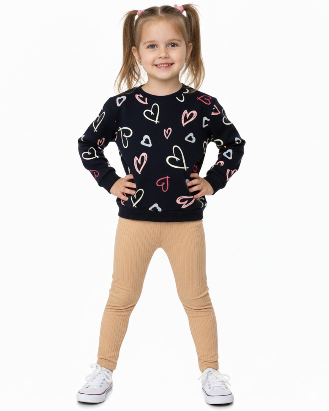 Kız Çocuk Kalp Baskılı Sweatshirtlü ve Taytlı 2-3-4-5-6 Yaş Mevsimlik Takım R2324 - LACİVERT