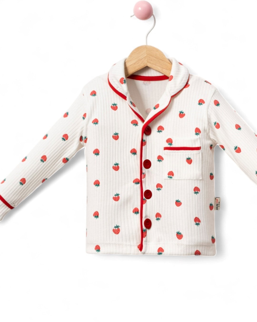 Kız Çocuk Çilek  Baskılı ruvaze Yakalı, Düğmeli Mevsimlik Gecelik Pijama Takımı 0-6 Yaş R2186