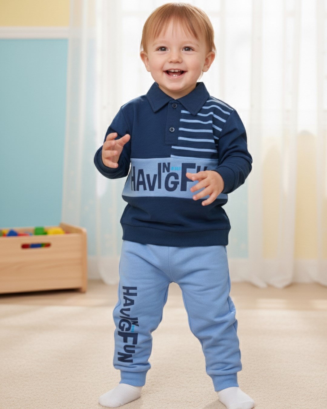 Erkek Bebek Mevsimlik Yakalı Baskılı Cool Takım 3-6-9-12-18-24 Ay R1401 - MAVİ