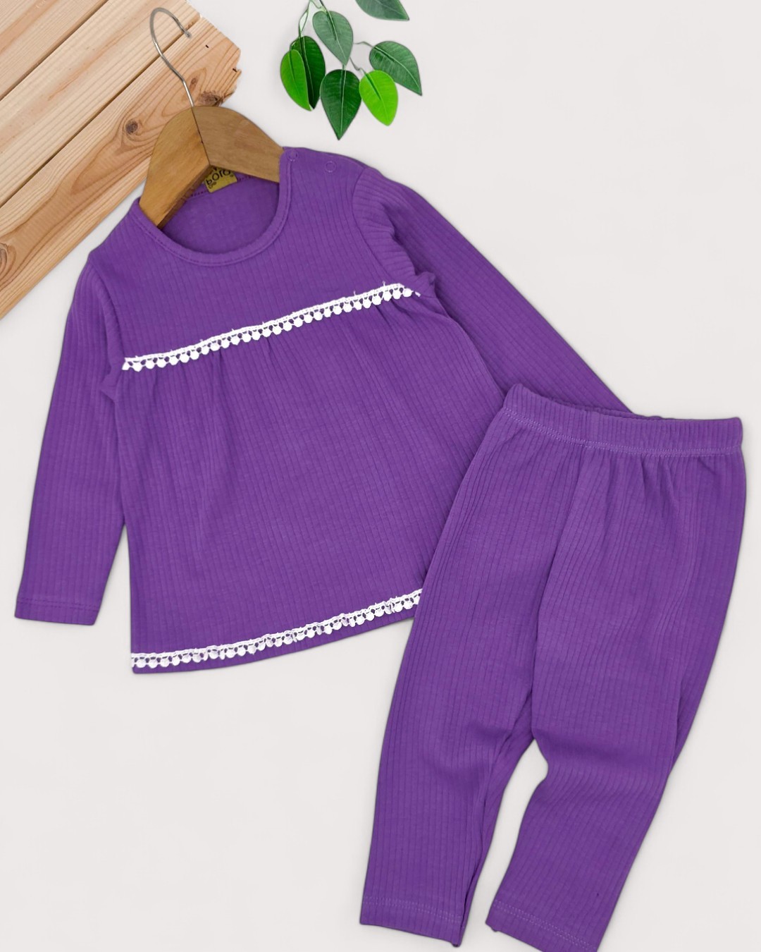 Kız Bebek 6-9-12-18-24 Aylık Fitilli Dantel Güpürlü %100 Pamuklu Mevsimlik Bebek Takımı R960 - MOR
