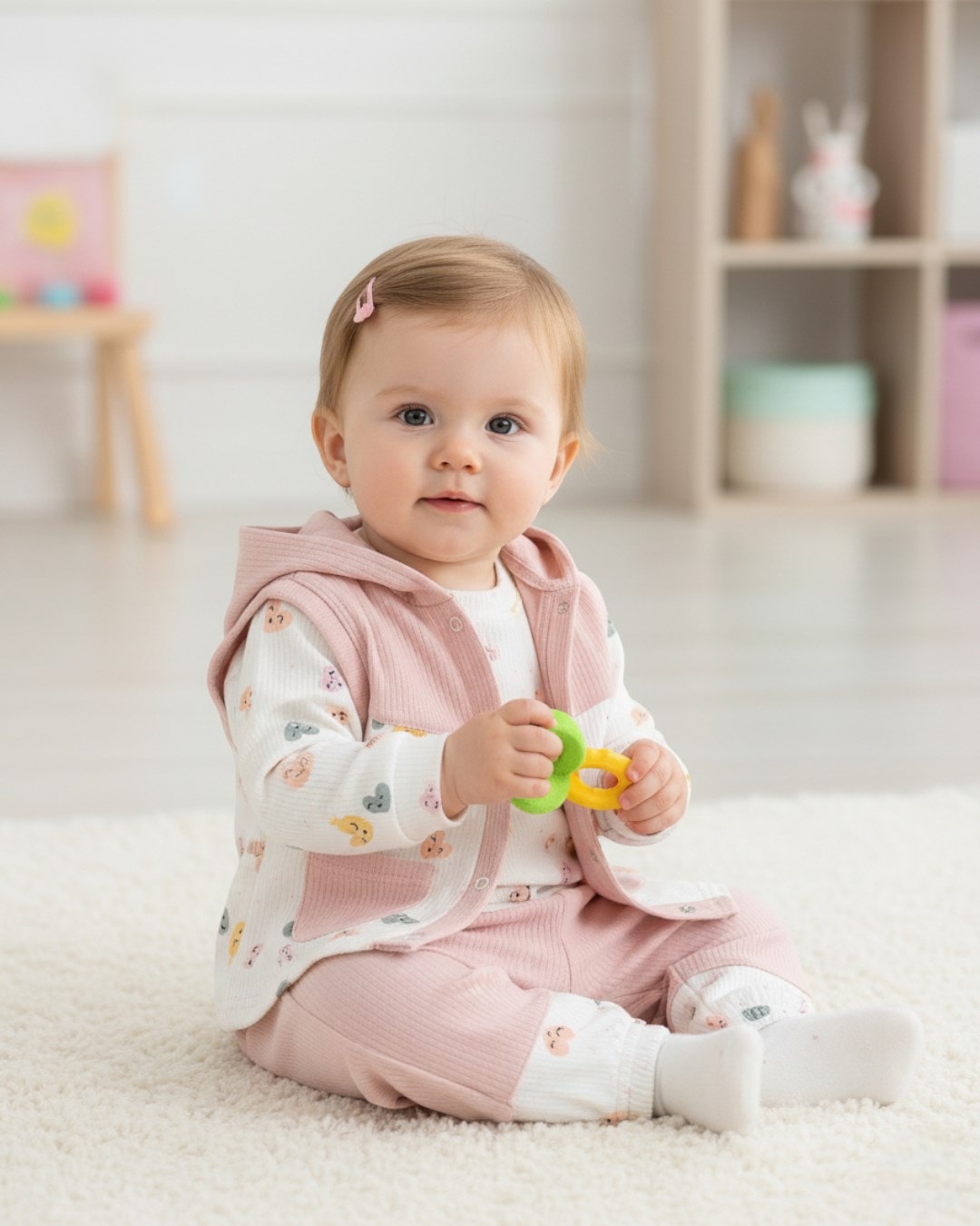 Kız Bebek Fitilli Kalp Baskılı Yelekli 3 Parça Şirin 6-12 Ay Bebek Takımı R2170 - GÜL KURUSU