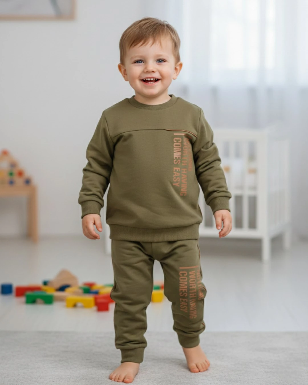 Erkek Çocuk Mevsimlik 2-3-4-5-6 Yaş Baskılı Eşofman Takımı, 2 İplik Alt Üst Takım R2398 - HAKİ