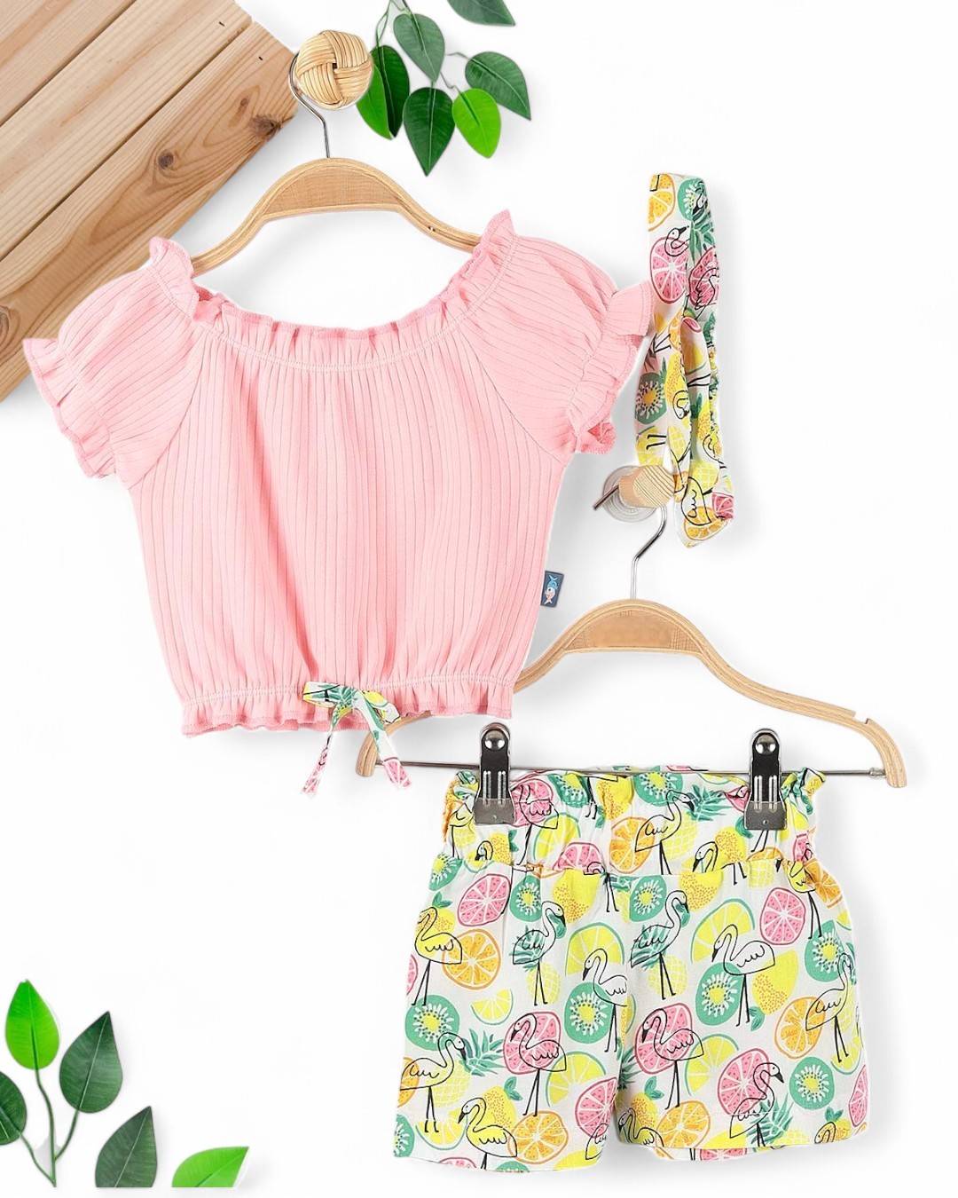 KIZ BEBEK YAZLIK BANDANALI FLAMİNGO BASKILI ŞORTLI 3 PARÇA ŞIK 6-9-12-18-24 AY ALT ÜST BEBEK TAKIM R1687 - PEMBE