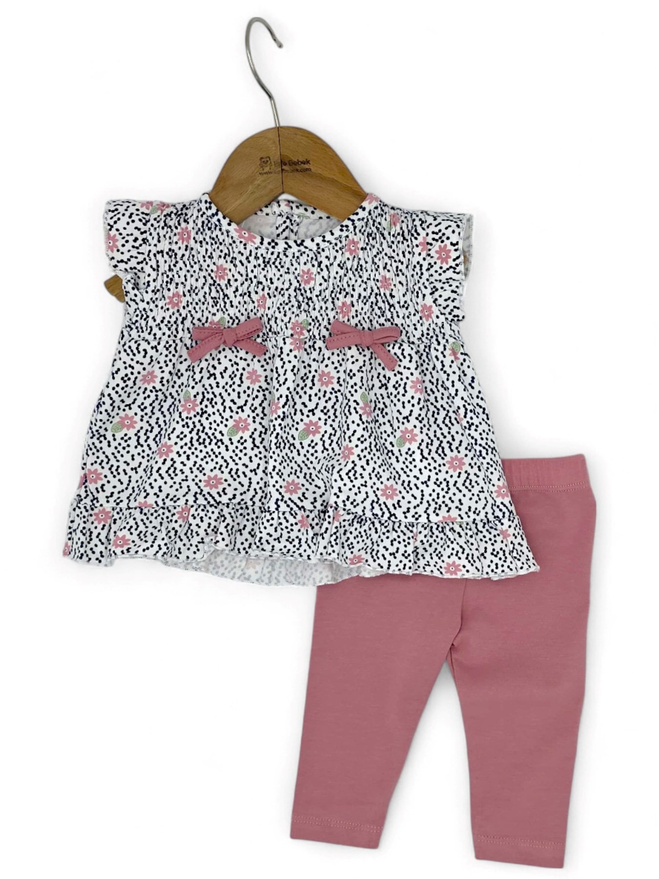 KIZ BEBEK YAKA DETAYLI ÇİÇEK BASKILI TAYTLI 3-6-9-12-18 AY KIZ BEBEK TAKIMI R1951 - PUDRA