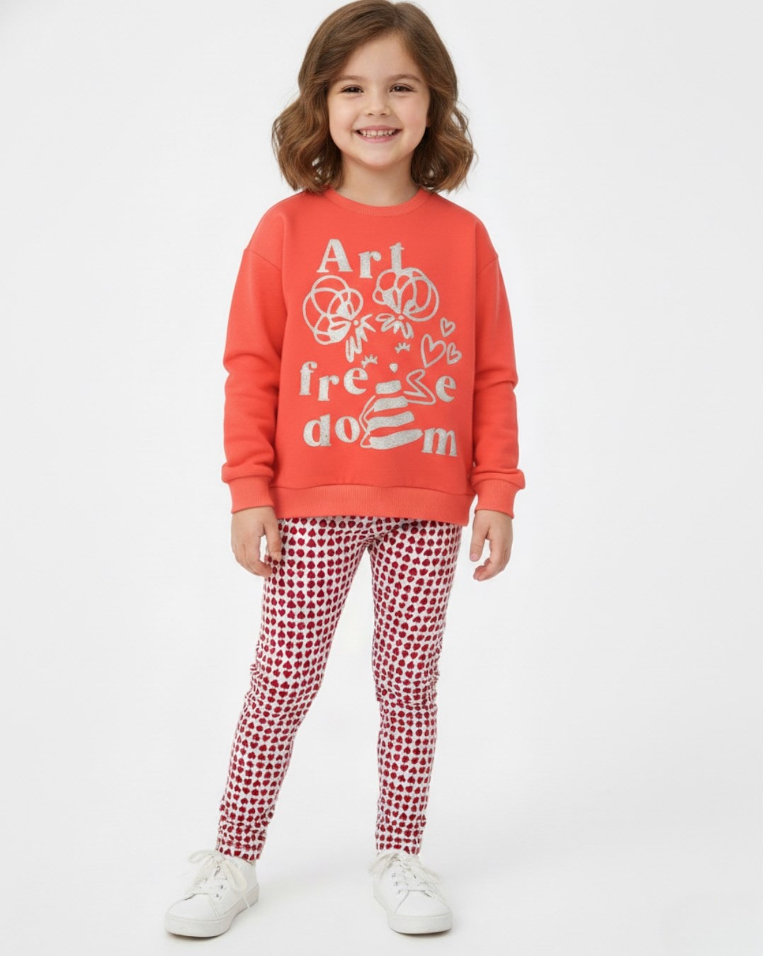 Kız Çocuk Kalp Baskılı Taytlı, Mevsimlik, 2-10 Yaş Sweatshirtlü Alt Üst Taytlı Takım R2318  - NAR ÇİÇEĞİ