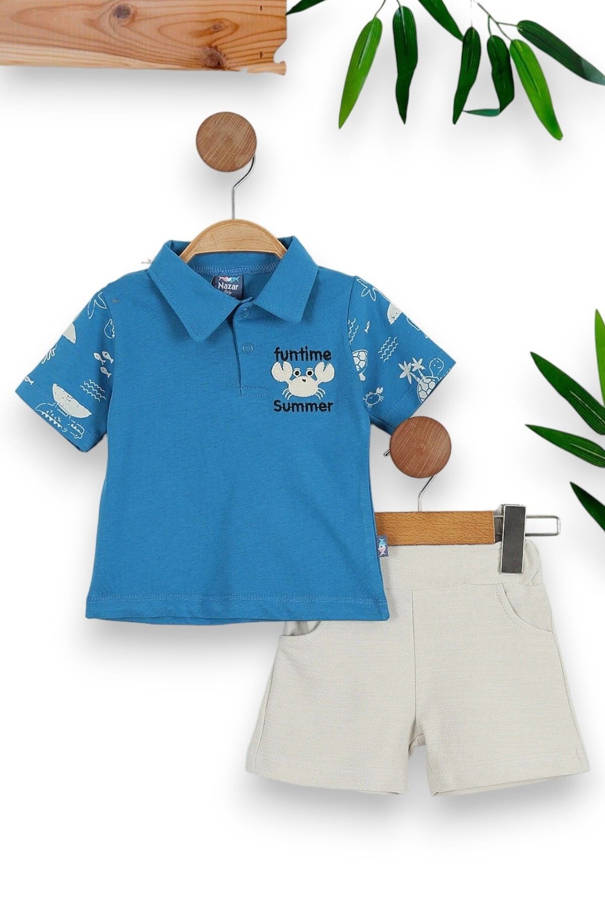 ERKEK BEBEK YAZLIK POLO YAKALI YENGEÇ NAKIŞLI DOKUMA ŞORTLU 6-24 BEBEK TAKIMI R902 - MAVİ