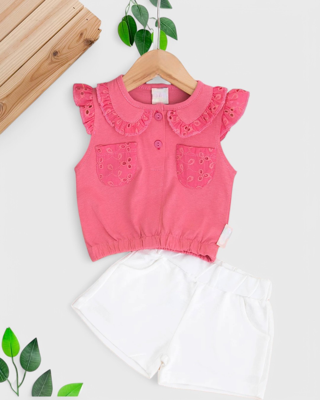 KIZ BEBEK YAZLIK YAKA DETAYLI MÜSLİN ŞORTLU 6-9-12-18-24 AY ŞIK BEBEK TAKIMI R1702 - PEMBE