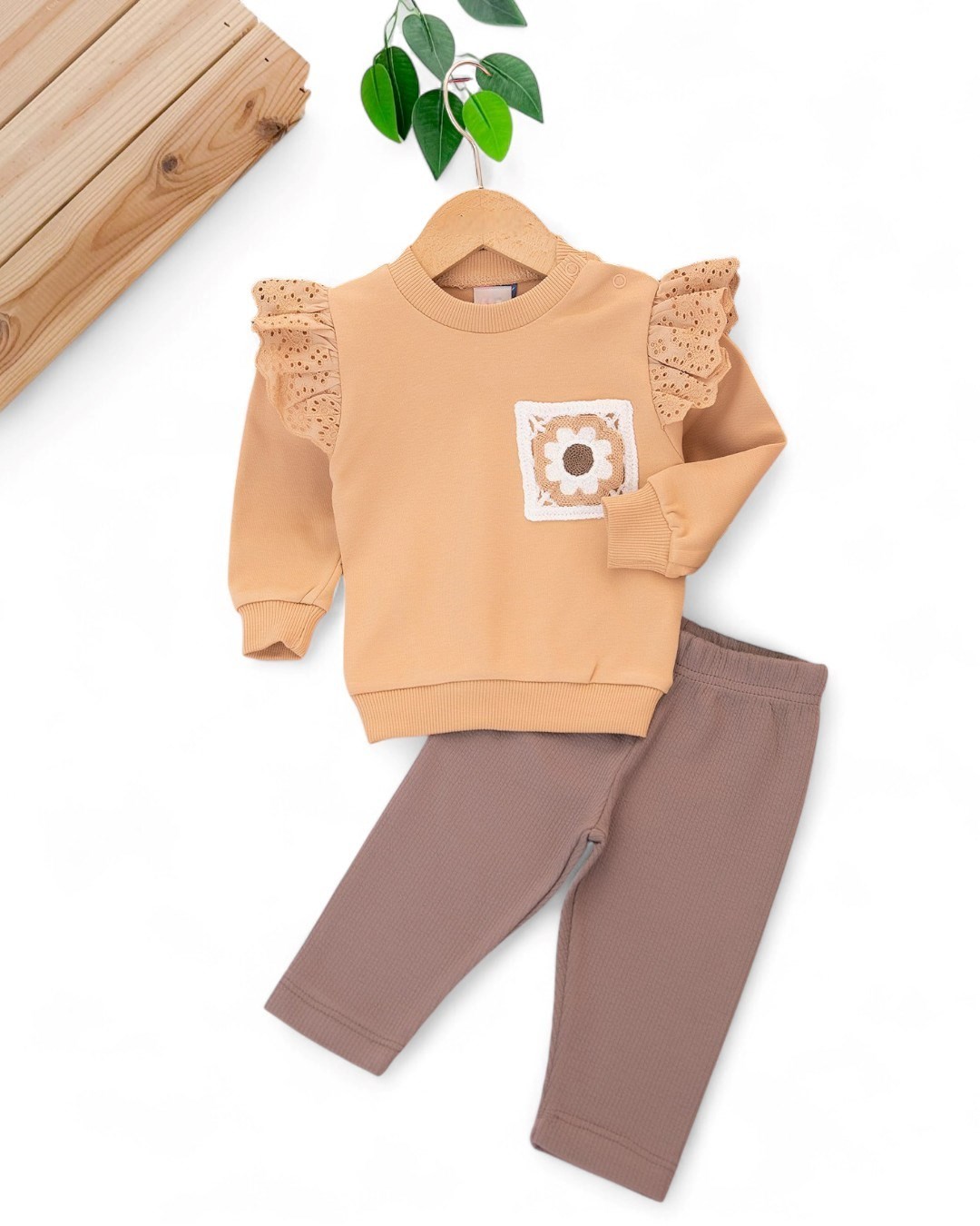 Kız Bebek Çiçekli Cep Detaylı Fitilli Taytlı 6-9-12-18-24 Ay Mevsimlik Kız Takım R2120 - KAHVERENGİ