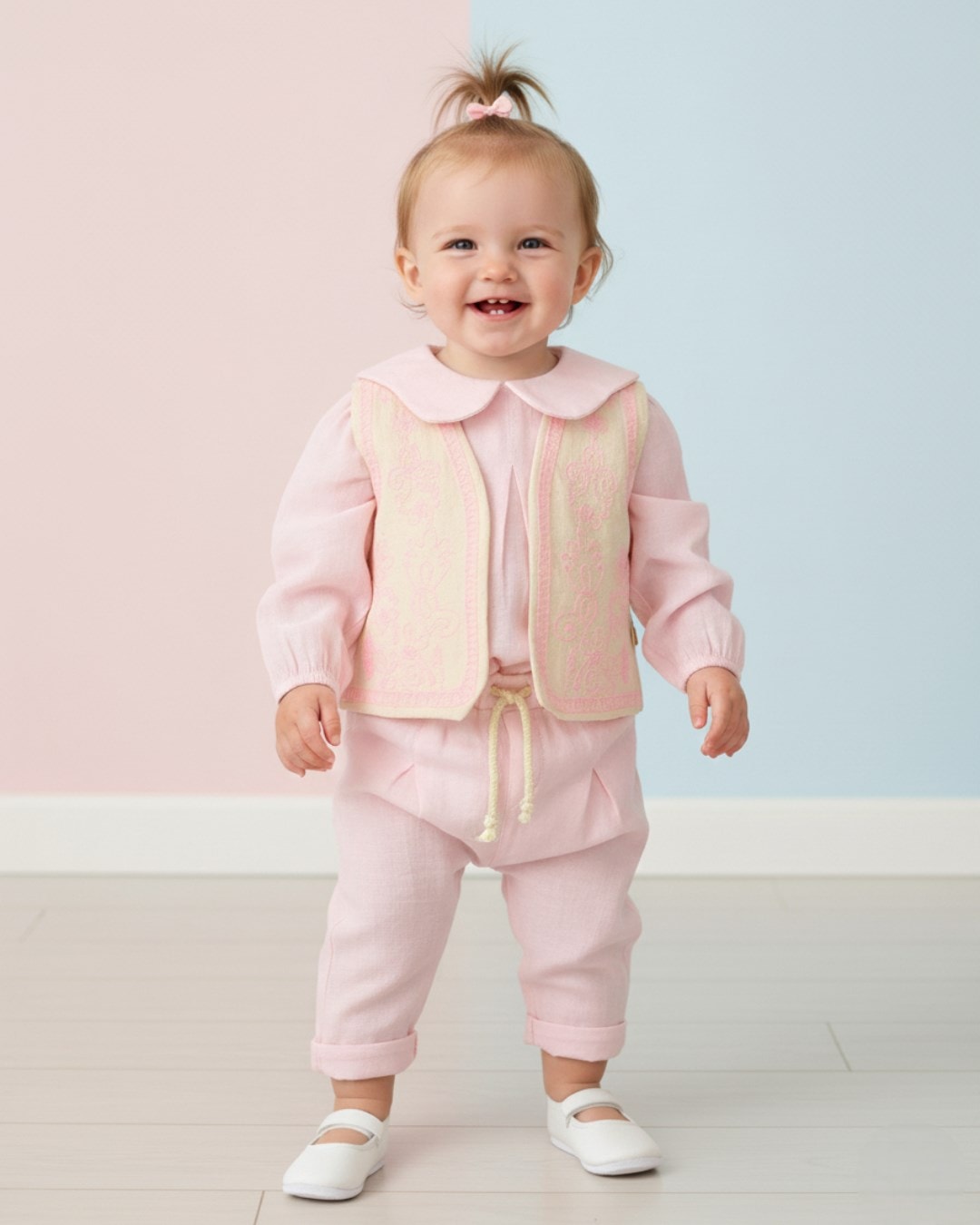 Kız Bebek 3'lü Şık Müslin Takım, 6-9-12-18 Aylık Mevsimlik Yelekli Şık Kız Bebek Takımı R2255 - PEMBE