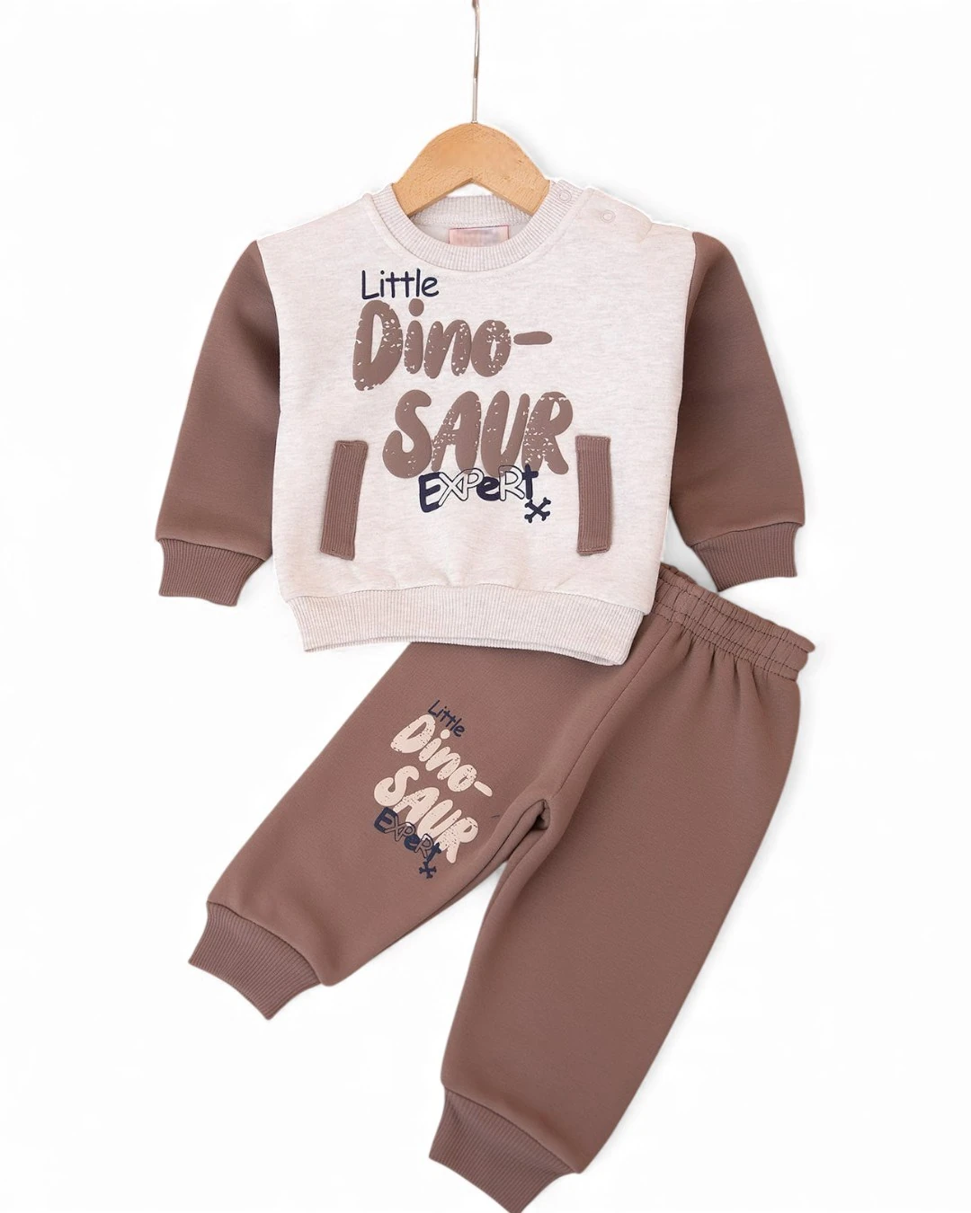 Erkek Bebek Dinozor Baskılı Kışlık 3 İp Şardonlu Alt Üst Eşofman Takımı, Kışlık Bebek Takımı R2390