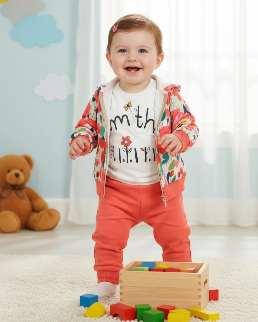 Kız Bebek Yağmurluklu Kapüşonlu, 3 Parça Mevsimlik Alt Üst Takım l 3-6-9-12-18 Ay R2227 - NAR ÇİÇEĞİ