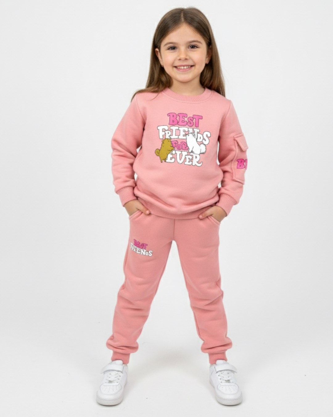 Kız Çocuk Kışlık 2-3-4-5-6 Yaş 3 İp Şardonlu Baskılı Cep Detaylı Eşofman Takımı  R2290 - PEMBE