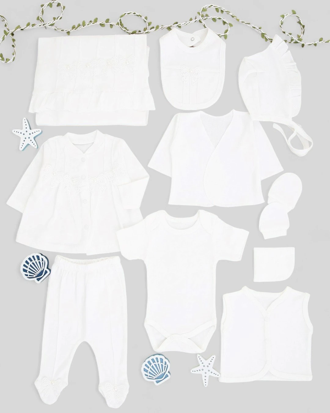 Kız Bebek 10 Parça İnci Detaylı Fiyonklu Hastane Çıkışı Zıbın Takımı R2355 - BEYAZ