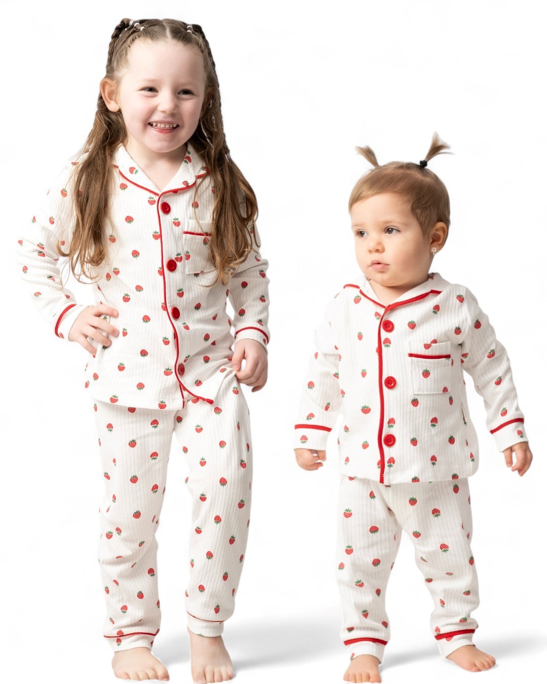 Kız Çocuk Çilek  Baskılı ruvaze Yakalı, Düğmeli Mevsimlik Gecelik Pijama Takımı 0-6 Yaş R2186