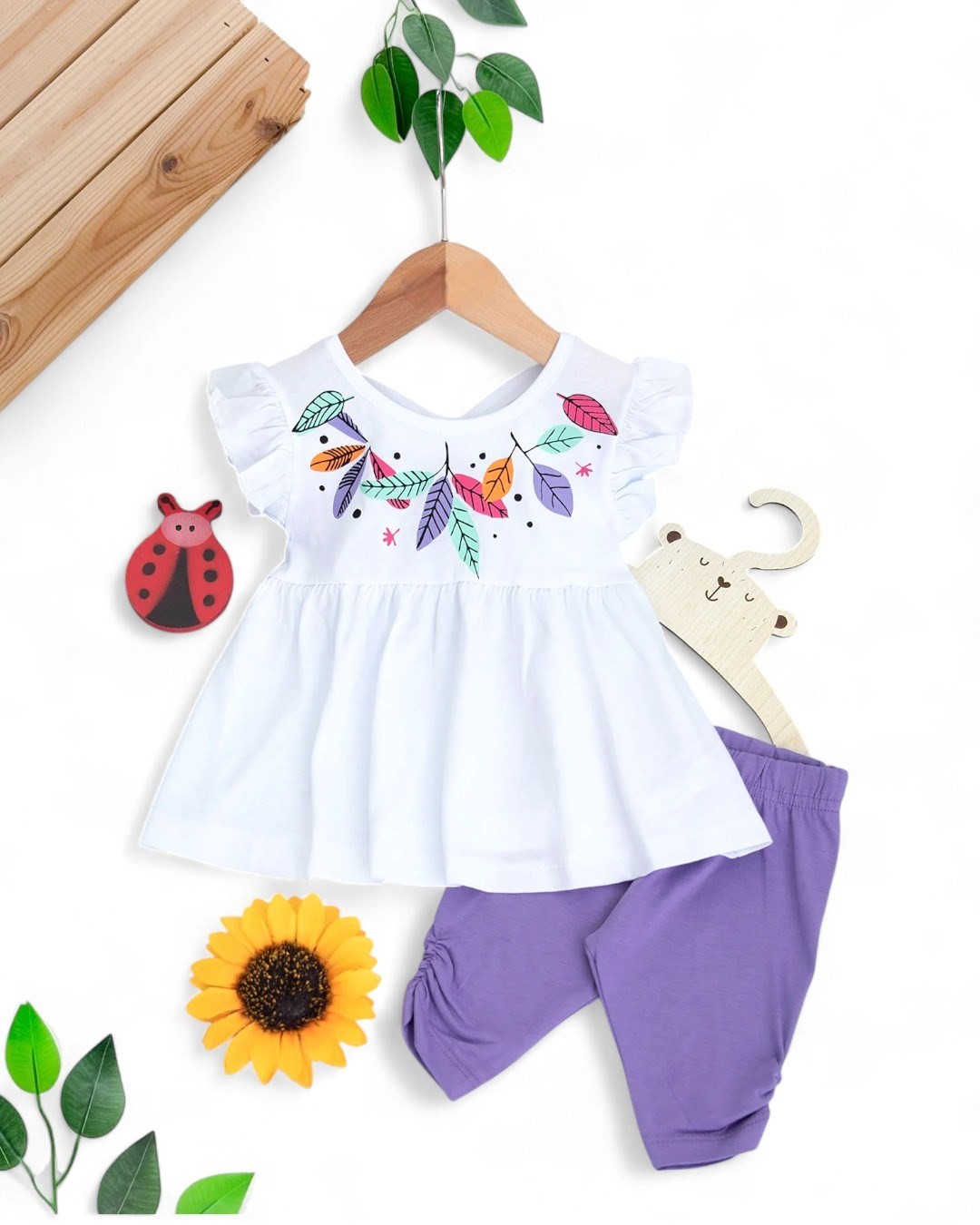 KIZ BEBEK ÇİÇEK BASKILI SIRTI AÇIK YAZLIK 6-9-12-18-24 AY ALT ÜST TAKIM R1847 - BEYAZ