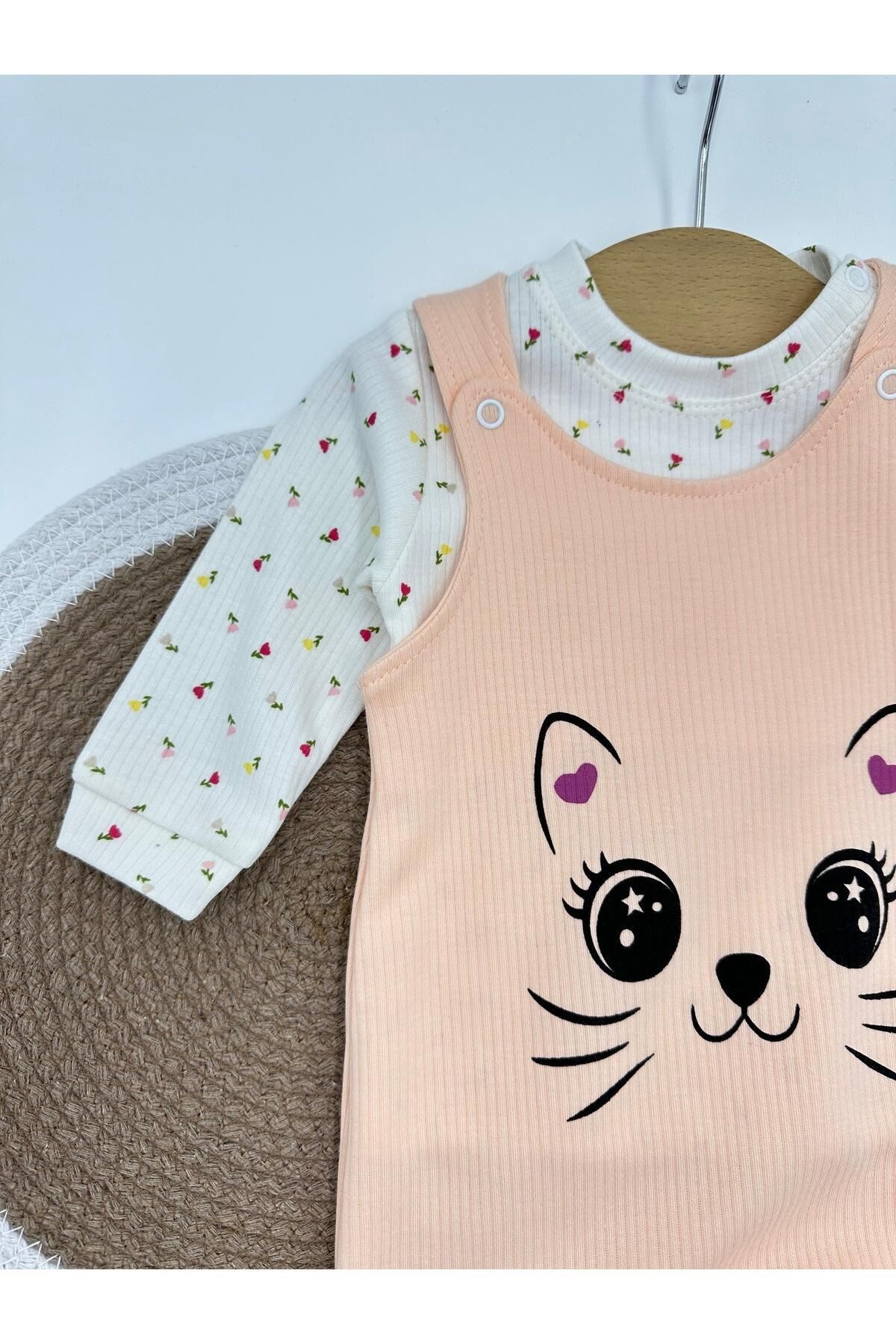 Kız Bebek Fitilli Kedi Baskılı Bahçıvan Salopet Tulum Yenidoğan 3-6-9 Ay Mevsimlik Uzun Kollu Tulum R337