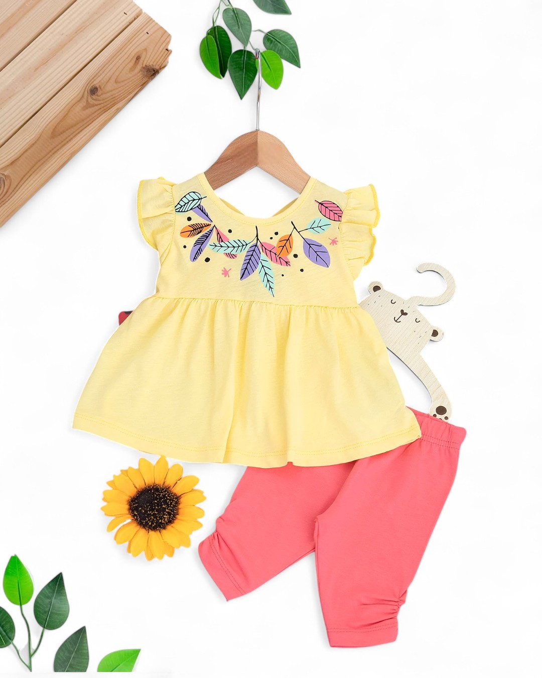 KIZ BEBEK ÇİÇEK BASKILI SIRTI AÇIK YAZLIK 6-9-12-18-24 AY ALT ÜST TAKIM R1847 - SARI