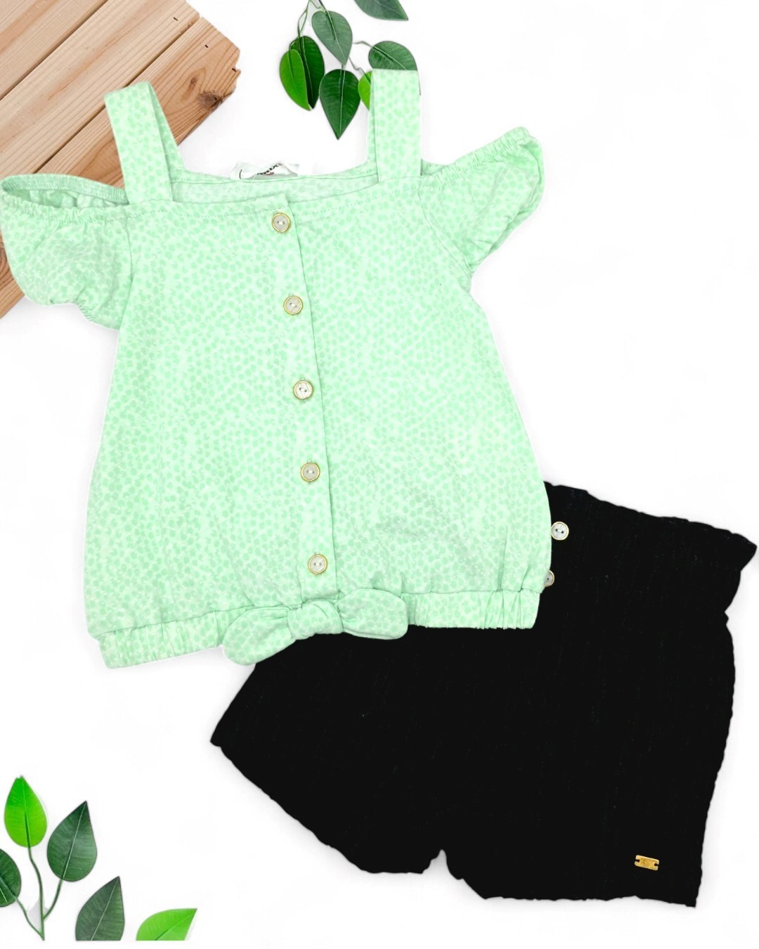 KIZ ÇOCUK OMZU AÇIK ASKILI T-SHIRT VE BÜRÜMCÜK ŞORTLU 2-3-4-5-6 YAŞ YAZLIK ALT ÜST TAKIM R1858 - SU YEŞİLİ