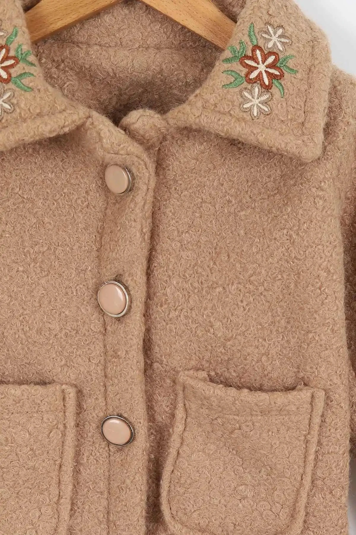 Kız Çocuk Çiçek Nakışlı Yakalı 2-3-4-5-6-7 Yaş Düğmeli Kaban OT98