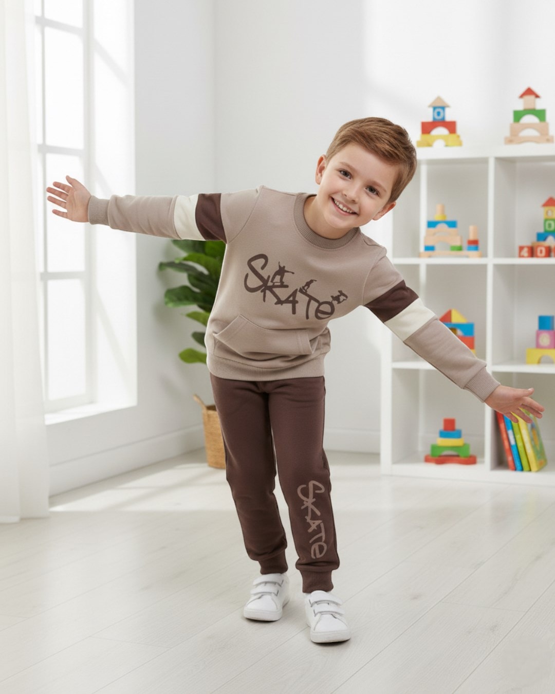 Erkek Çocuk Mevsimlik Skate Baskılı Sweatshirt, 7-10 Yaş Eşofma Takımı R2117 - KAHVERENGİ