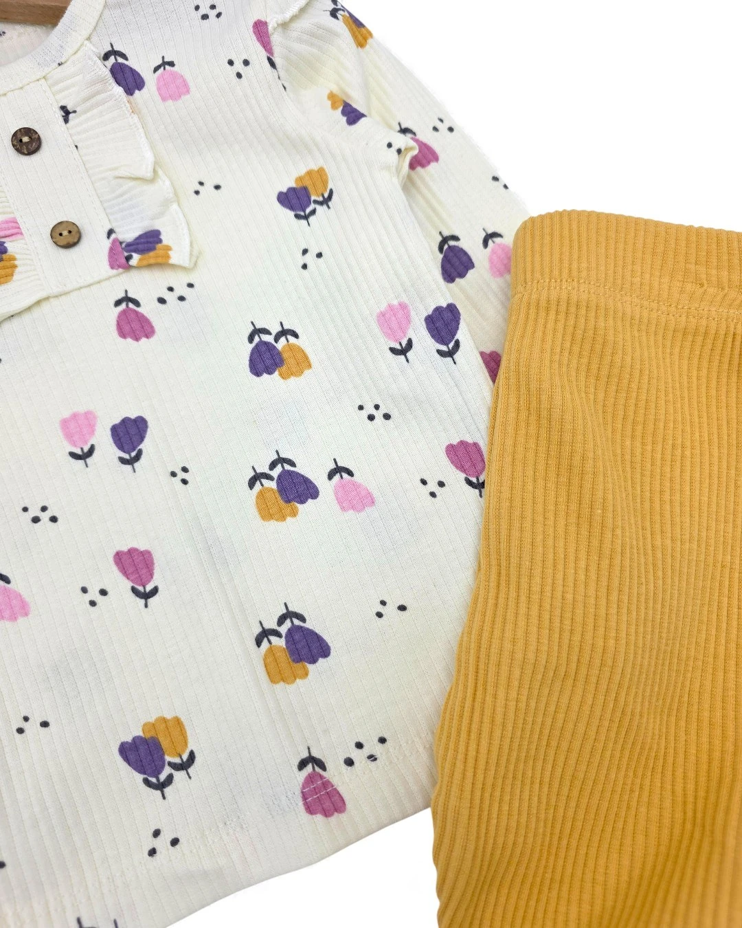 Kız Bebek Lale Baskılı Ribana Kumaş, Fitilli Şık Taytlı Alt Üst Bebek Takımı l 6-24 Ay l Mevsimlik R2381