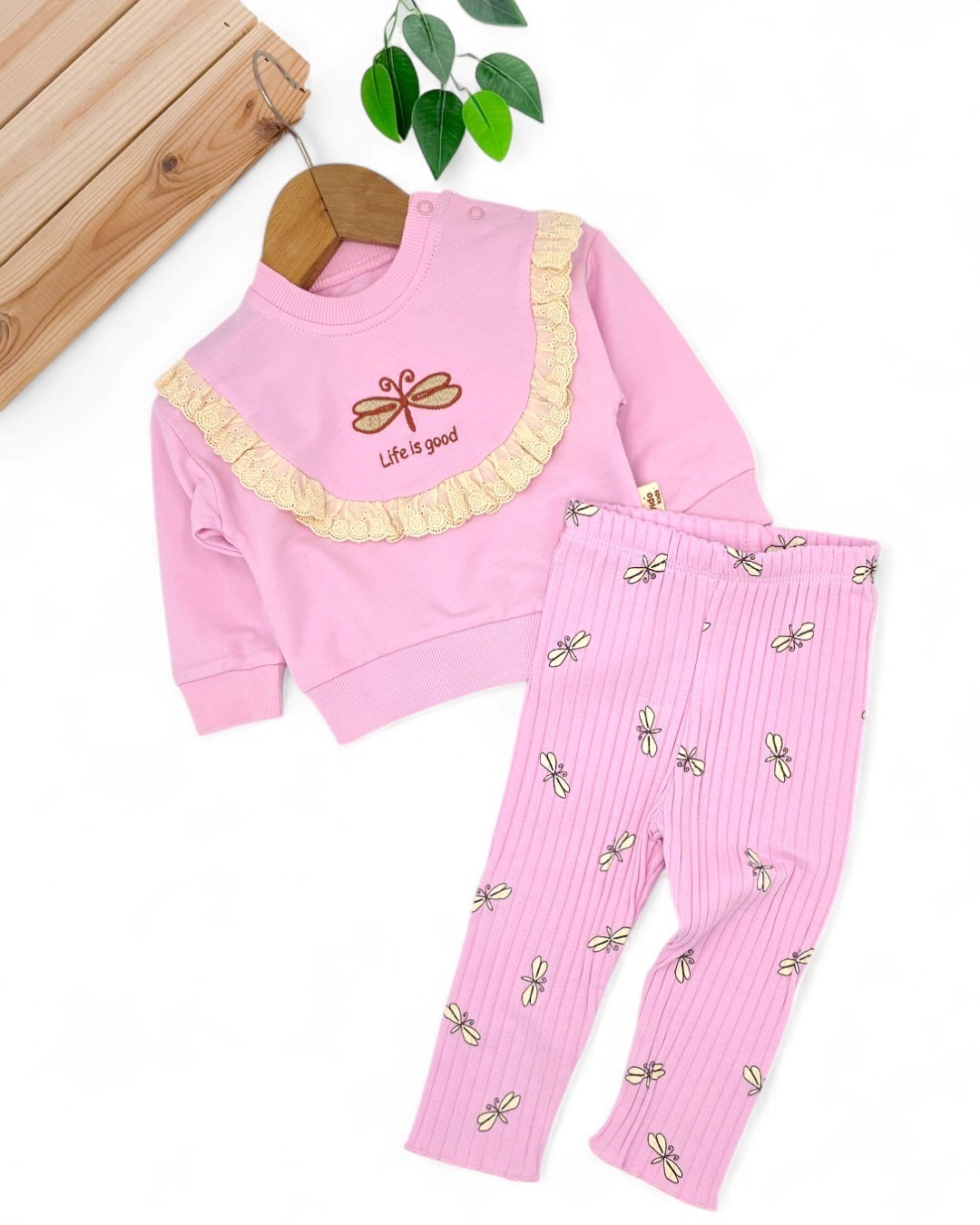 Kız Bebek Kelebek Nakışlı, Fitilli Taytlı, Fırfır Detaylı 6-9-12-18-24 Ay Şık Bebek Takımı R2071 - PEMBE