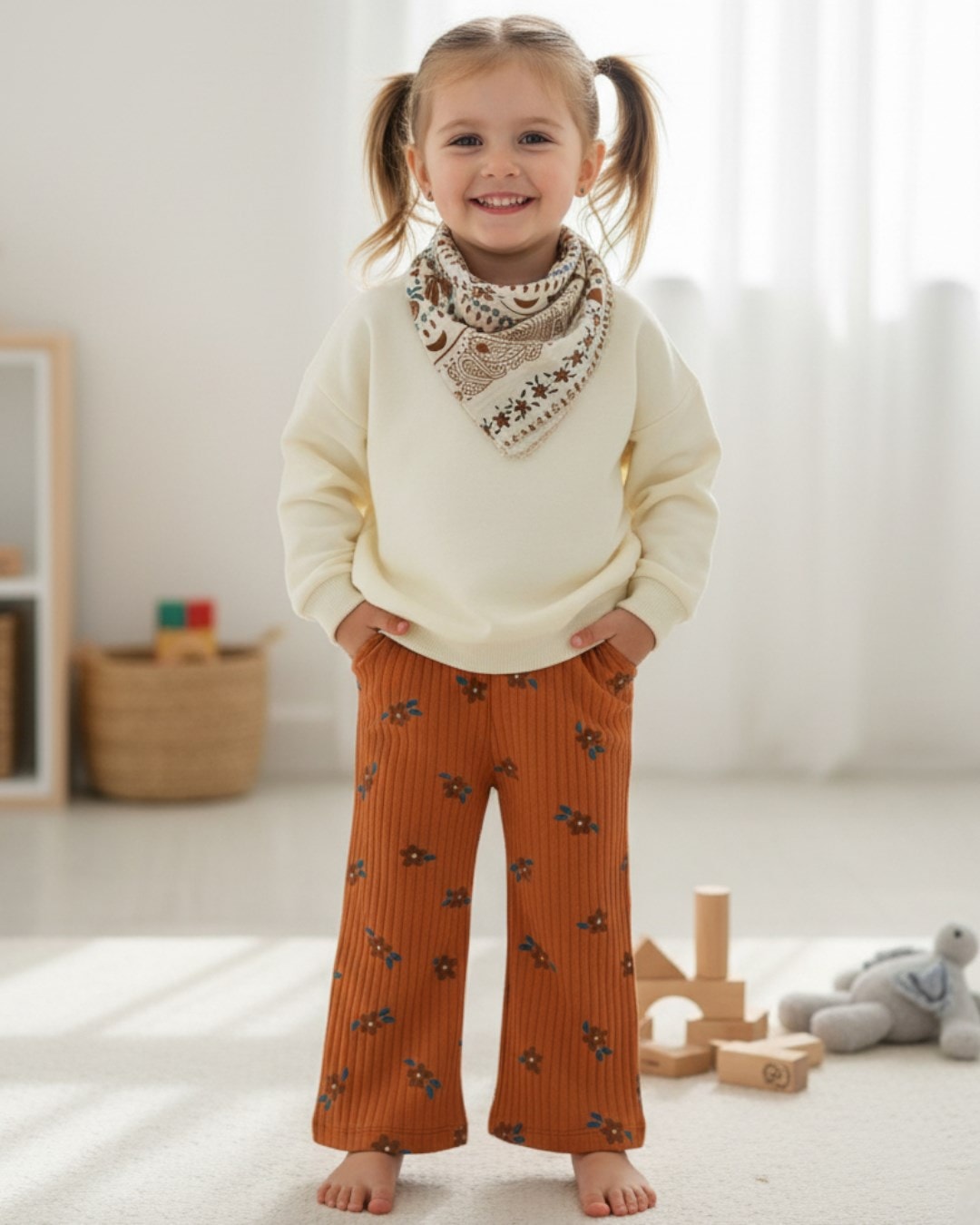 Kız Çocuk Etnik Desen Fularlı, Bol Paça Pantalonlu 3 Parça Şık Mevsimlik Alt Üst Takım R2067 - KİREMİT
