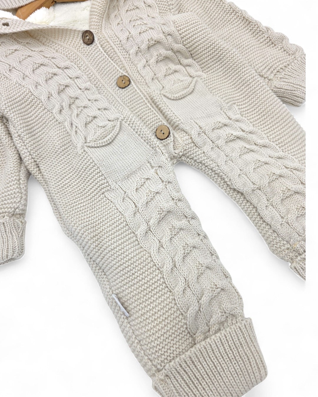 Kışlık Triko Bebek Tulumu, İçi Welsoftlu Düğmeli, Kapüşonlu 3-6-9-12 Aylık Kalın Peluş Tulum R2200