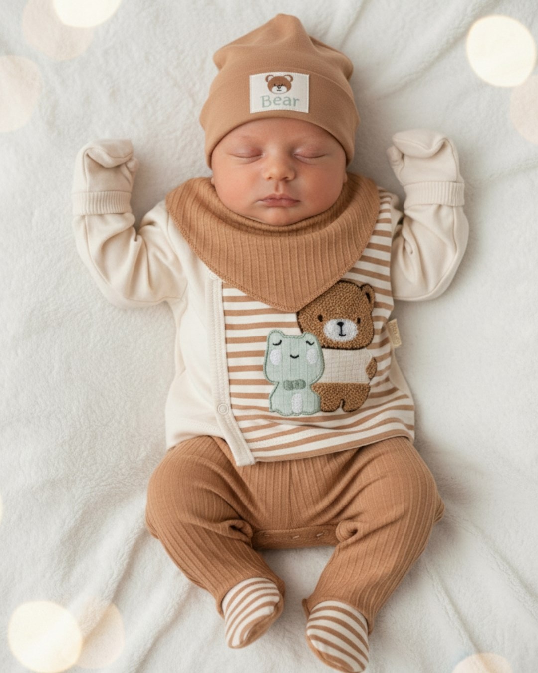 Erkek Bebek Çizgili Ayı Nakışlı 5 Parça Organik Hastane Çıkışı Zıbın Seti R1820 - KAHVERENGİ