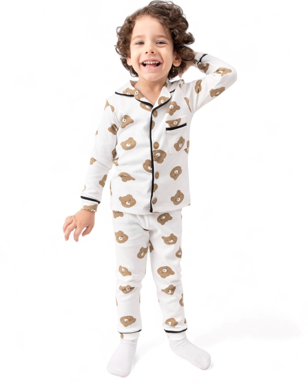 Erkek 0-6 Yaş Ayıcık Baskılı, Kruvaze Yakalı Mevsimlik Düğmeli Gecelik Pijjama Takımı R2183