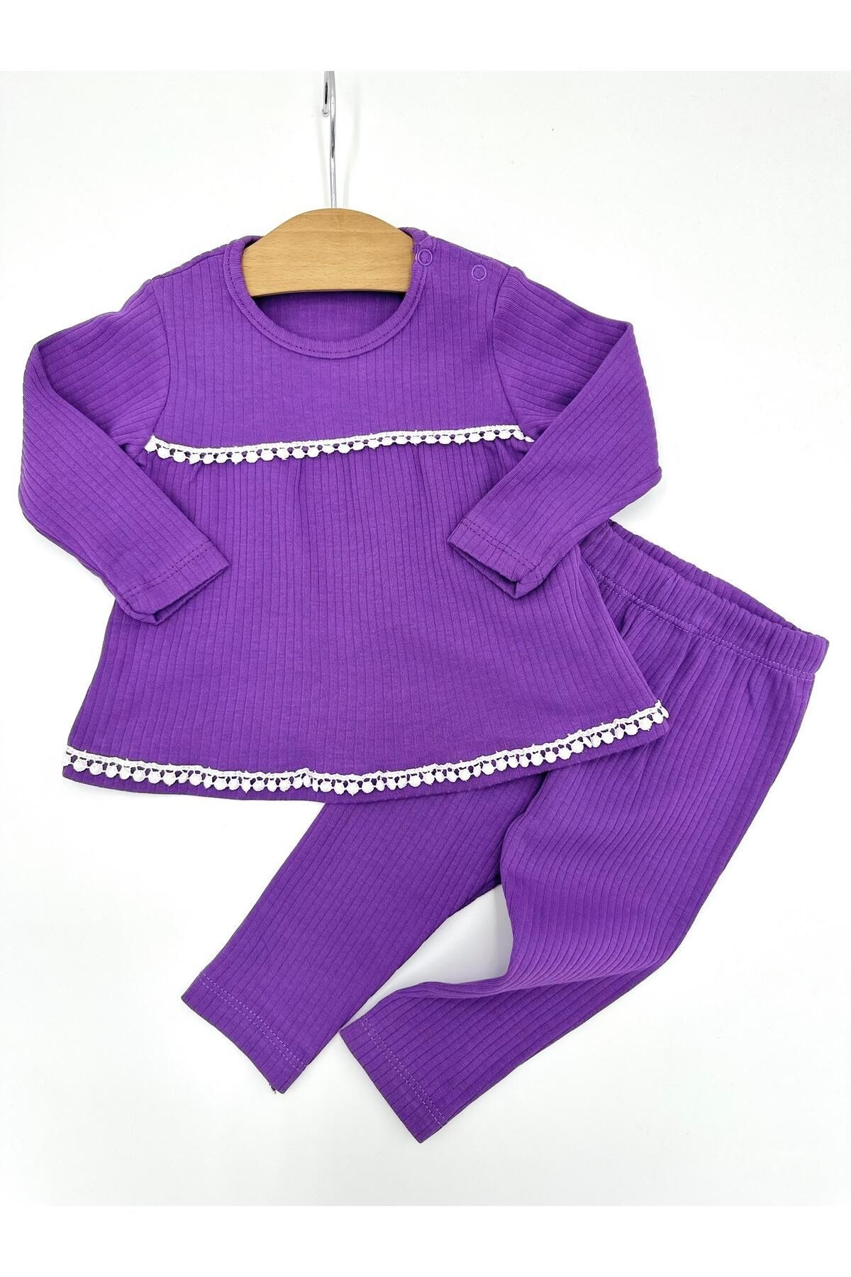 FİTİLLİ DANTEL GÜPÜRLÜ KIZ BEBEK TAKIMI , MEVSİMLİK, UZUN KOLLU,  FİTİLLİ KIZ BEBEK TAKIMI 6-24 AY R960 - MOR