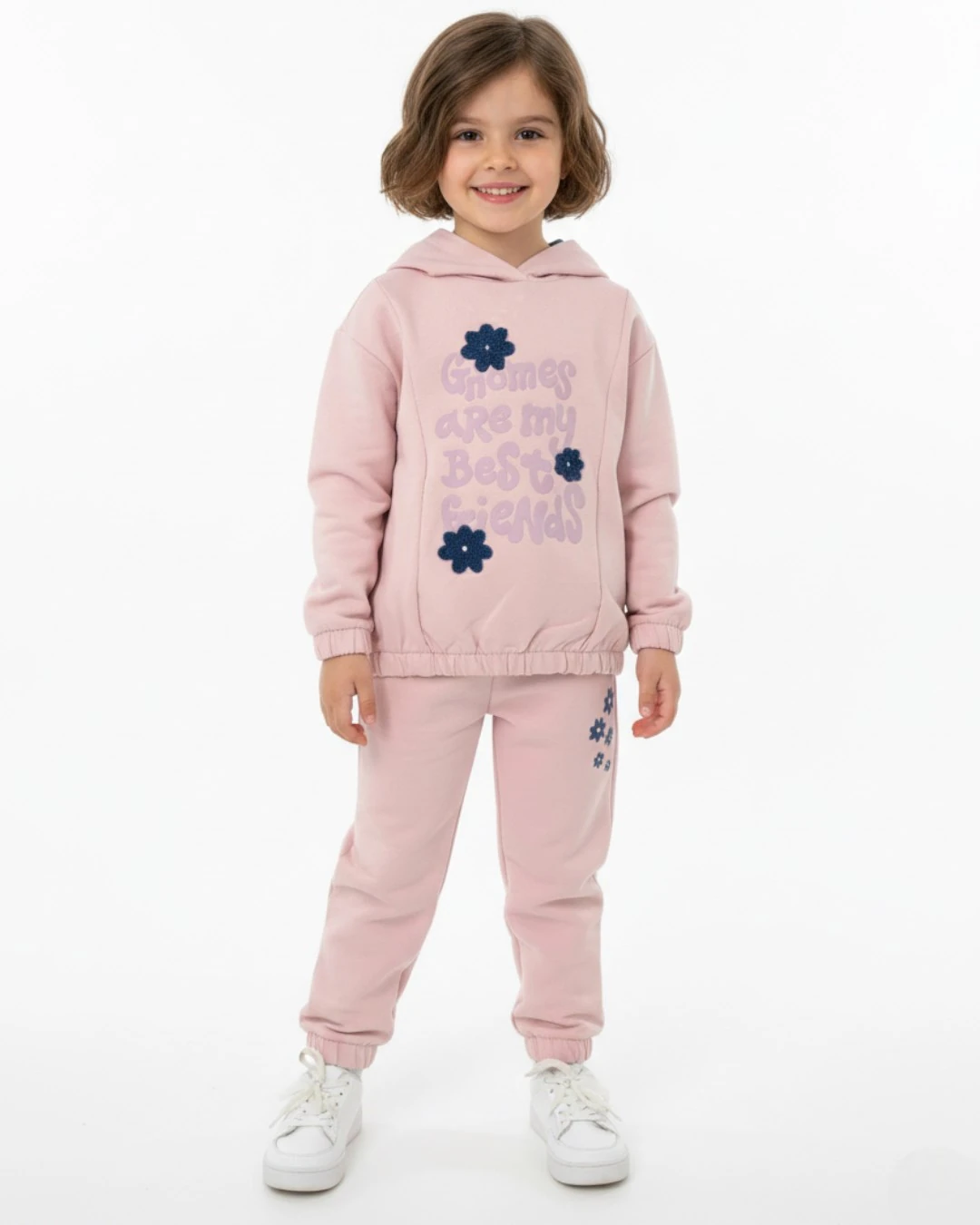 Kız Çocuk 2-3-4-5-6 Yaş, Mevsimlik Kapüşonlu , Çiçek Nakışlı Compact Eşofman Takımı R2317 - PEMBE