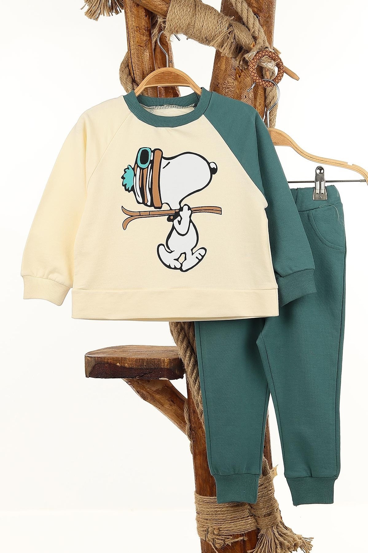Erkek Çocuk Mevsimlik Snoopy Baskılı İkili Takım %100 Pamuk R552 - YEŞİL