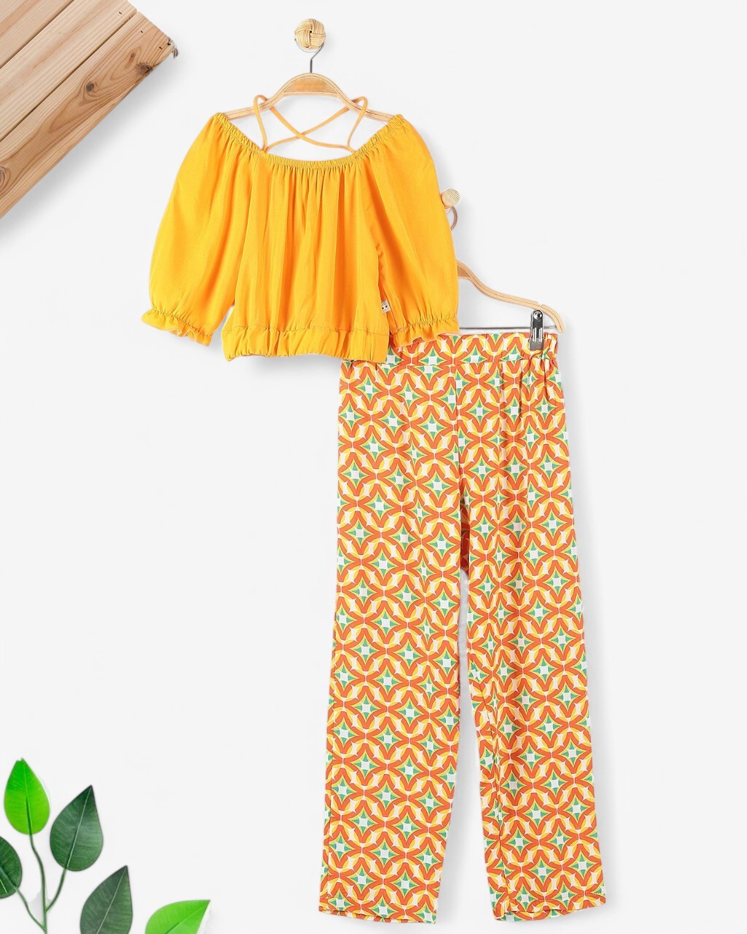 KIZ ÇOCUK YAZLIK ETNİK DESEN PANTALONLU 6-7-8-9-10 YAŞ BOL PAÇALI ŞIK TAKIM R1717 - TURUNCU
