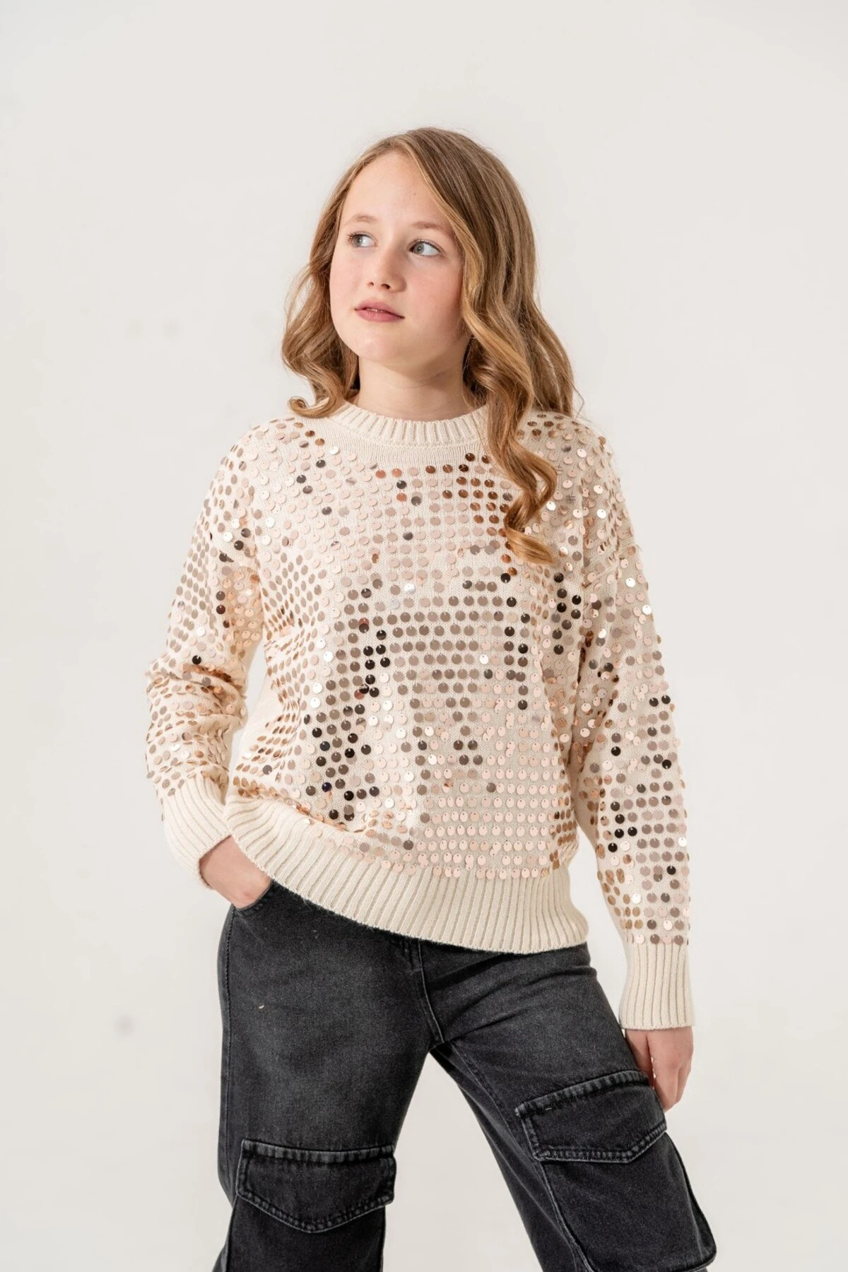 Kız Çocuk 9-15 Yaş Pullu Akrilik Kazak, Pullu Triko Çocuk Kazağı l 9-10-11-12-13-14-15 Yaş Kız Kazak - KREM