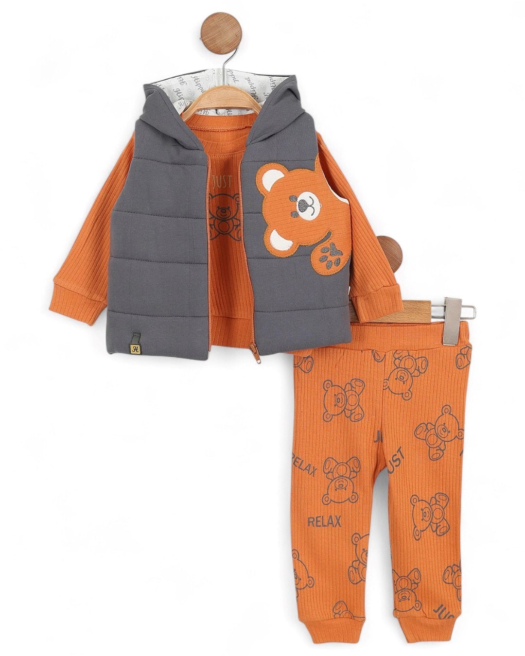 Erkek Bebek Şişme Yelekli 3 Parça Şık Alt Üst Takım / 6-9-12-18 Ay Mevsimlik 3'lü Cool Takım R2305