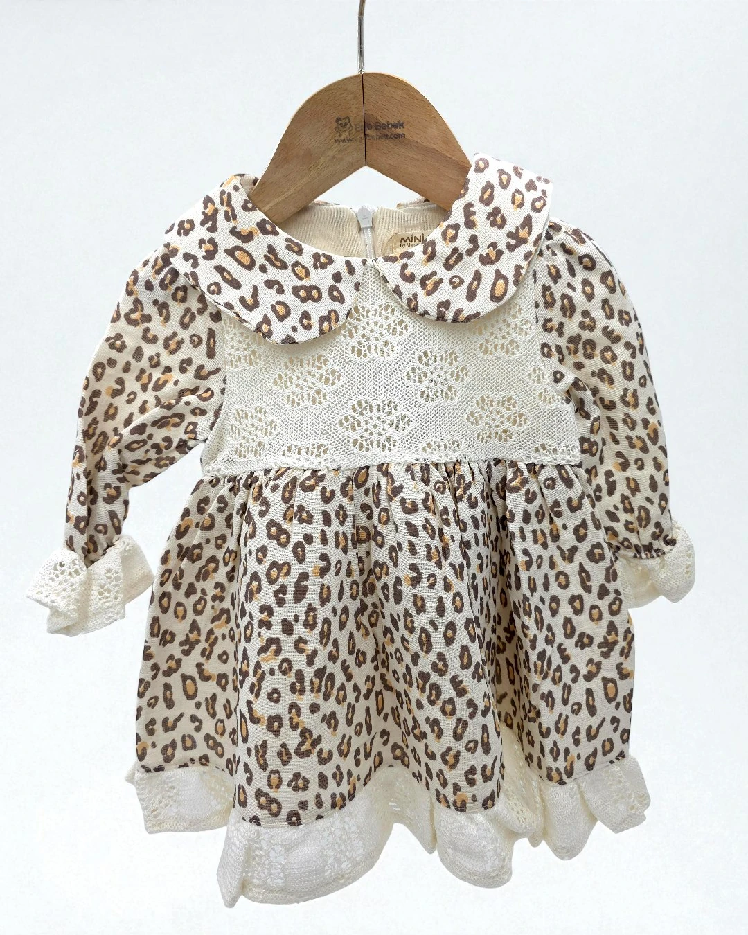 Kız Bebek Dantel Detaylı Leopar Elbise, Müslin Kumaş, 6-9-12-18-24 Ay Özel Gün Elbisesi l Bayramlık R2346