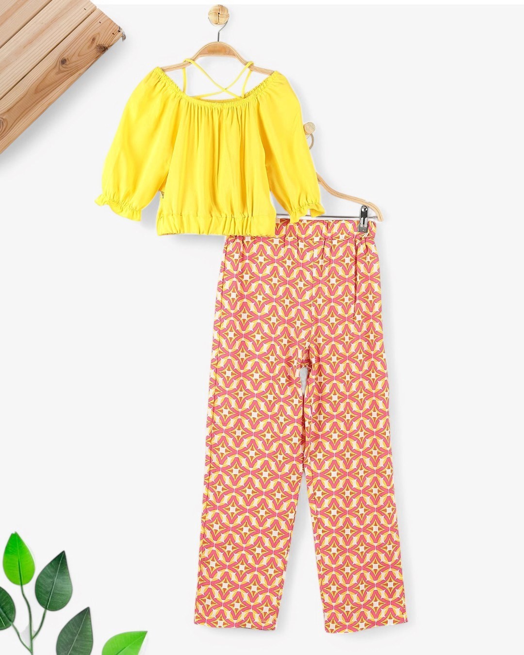 KIZ ÇOCUK YAZLIK ETNİK DESEN PANTALONLU 6-7-8-9-10 YAŞ BOL PAÇALI ŞIK TAKIM R1717 - SARI