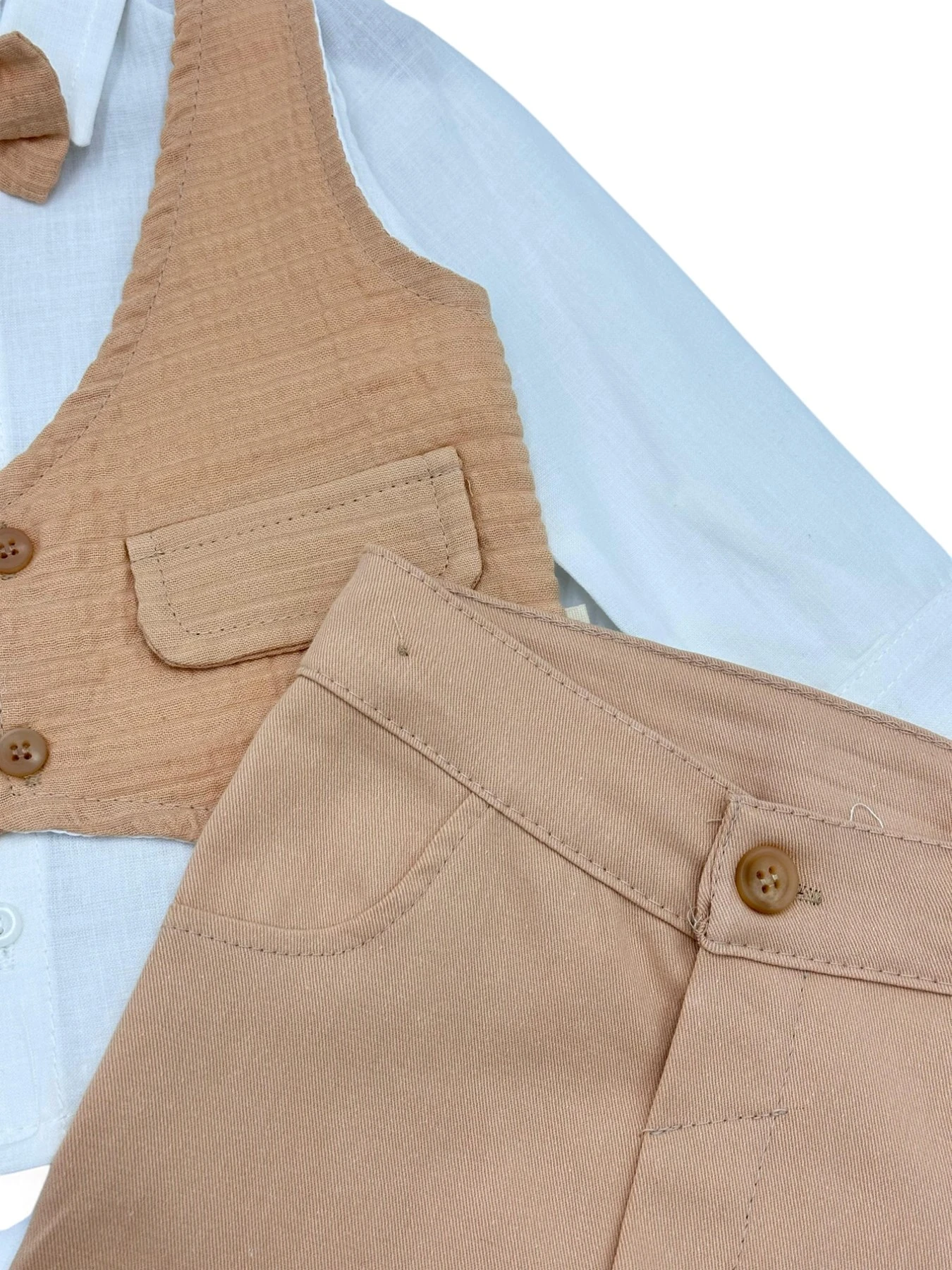 ERKEK BEBEK PAPYONLU KETEN GÖMLEKLİ KENDİNDEN YELEKLİ 2 PARÇA BAYRAMLIK 6-9-12-18-24 AY BEBEK TAKIMI R1432