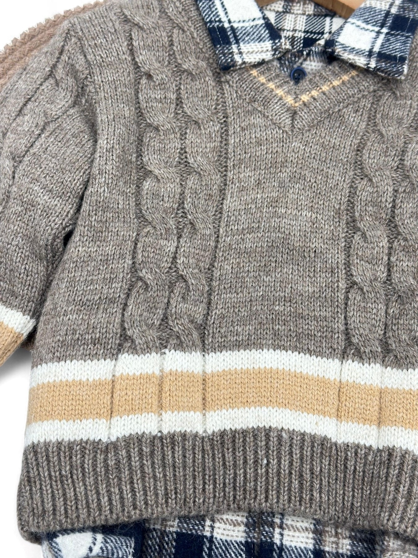 ERKEK ÇOCUK 1,5-2-3 YAŞ KIŞLIK ODUNCU GÖMLEKLİ TRİKO KAZAKLI KETEN PANTALONLU 3'LÜ ŞIK TAKIM R1431