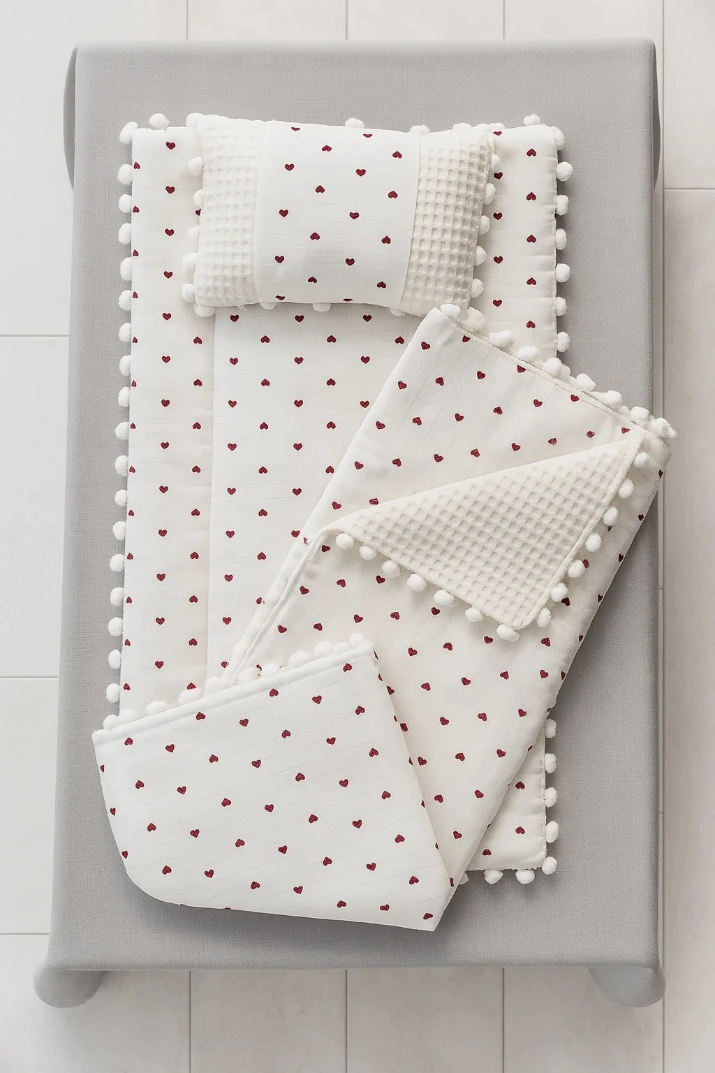 Battaniyeli, Yastıklı 3'lü Alt Açma Minderi Seti, Müslin Desenli Alt Açma R2367 - MODEL 7